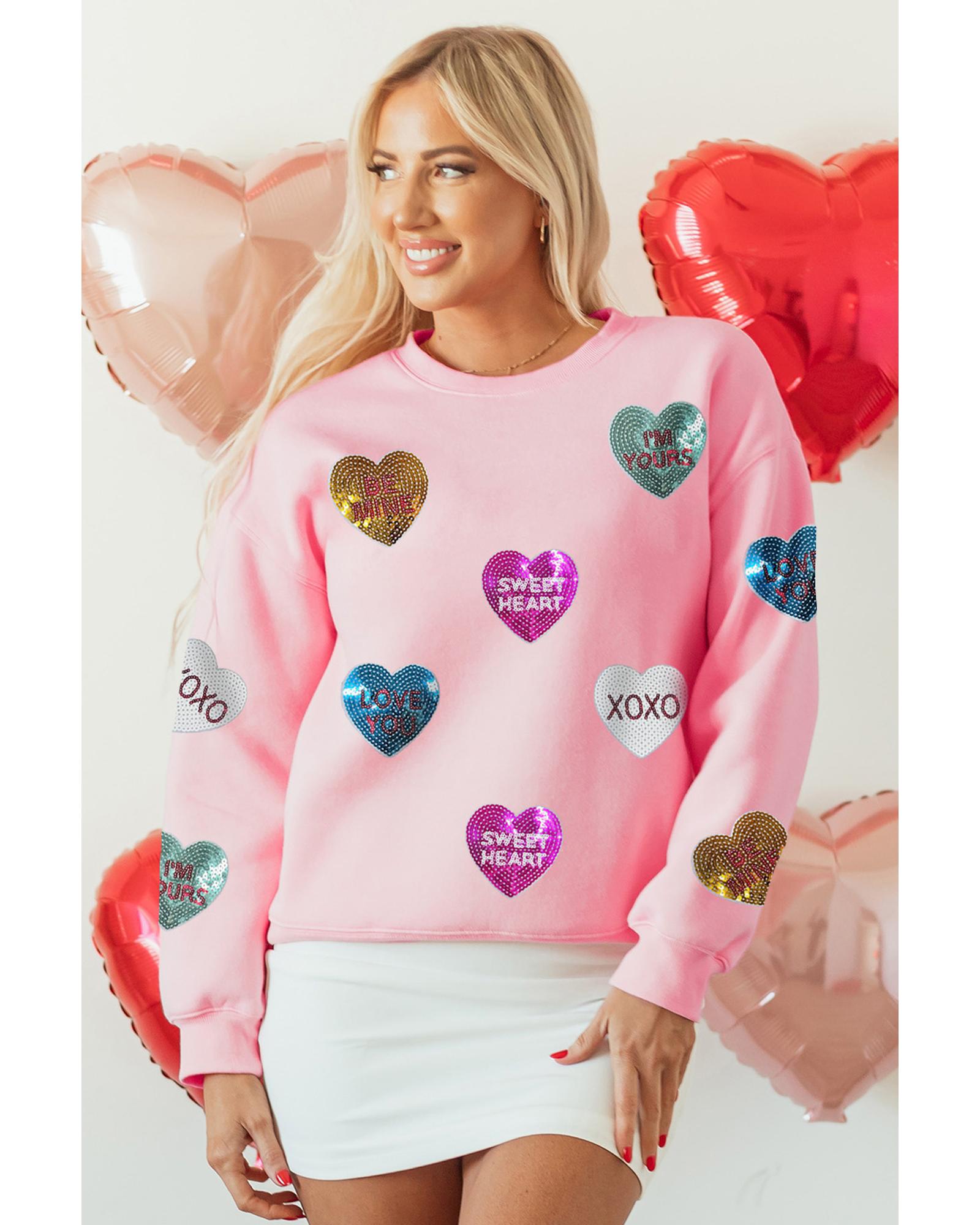 V539-AZEXDC25319306-10-S-202506131248-00 Pink Sequin Romantic Letters Heart Graphic Valentines Sweatshirt - S - Image 1
