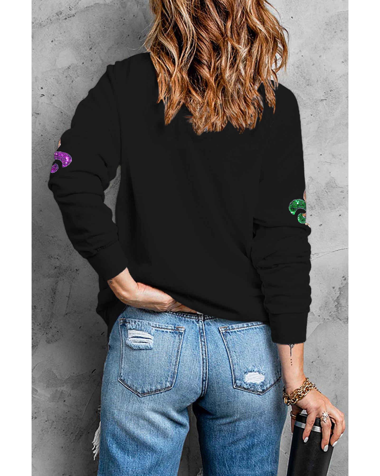 V539-AZEXDC25319309-2-S-202506130731-00 Black Ceramic Rhinestone mardi gras Letter Graphic Sweatshirt - S - Image 1