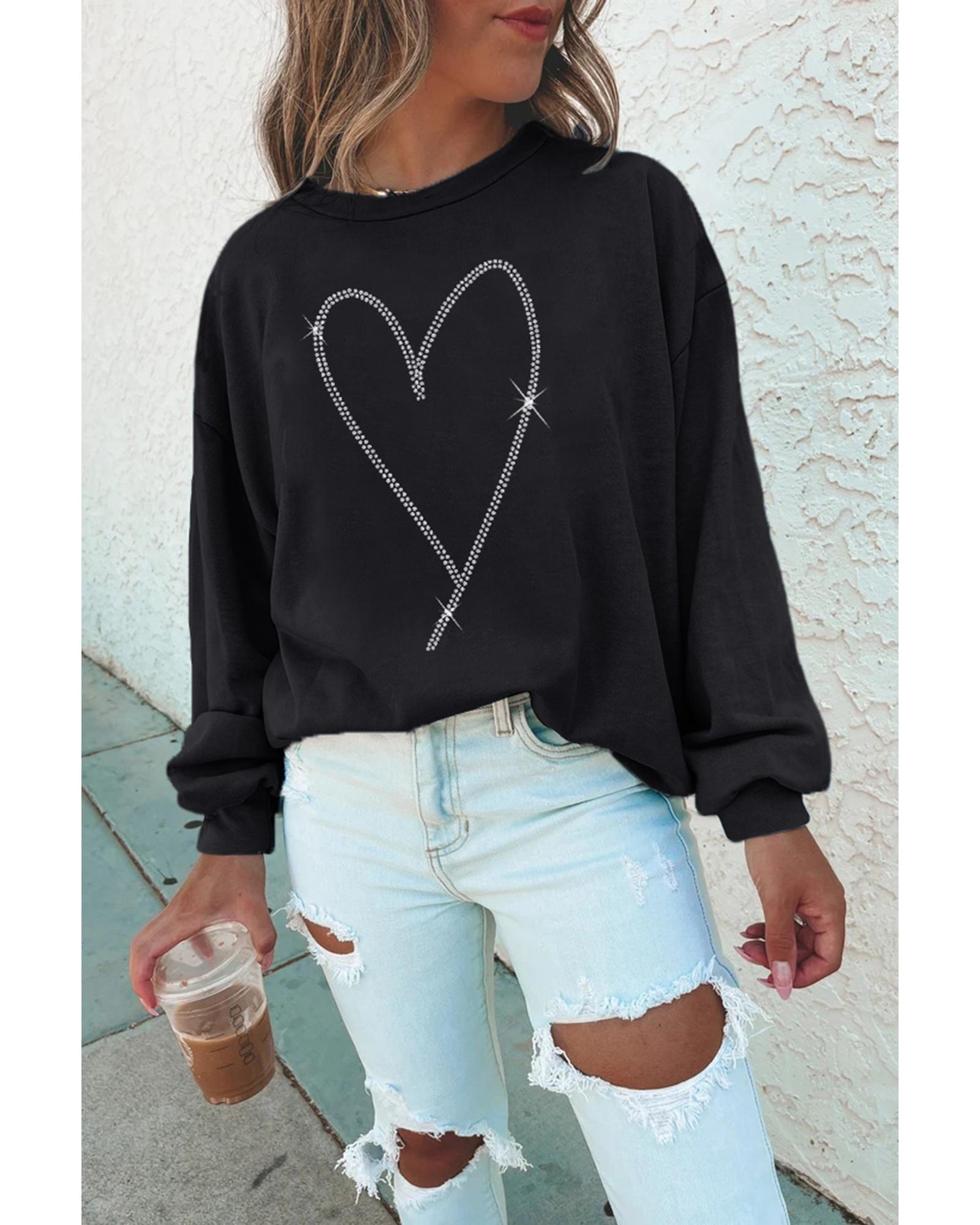 V539-AZEXDC25319331-2-S-202506130741-00 Black Rhinestone Heart Pattern Valentines Fashion Sweatshirt - S - Image 1