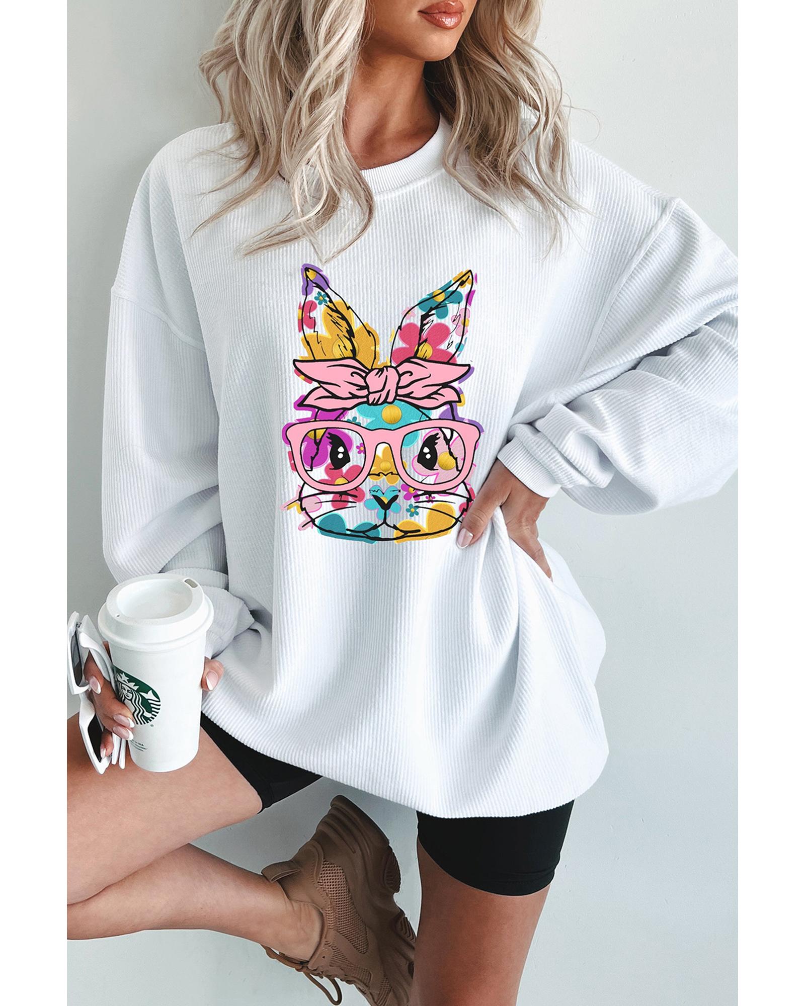 V539-AZEXDC25319448-P1-S-202506130852-00 White Floral Rabbit with Glasses Graphic Corded Easter Sweatshirt - S - Image 1