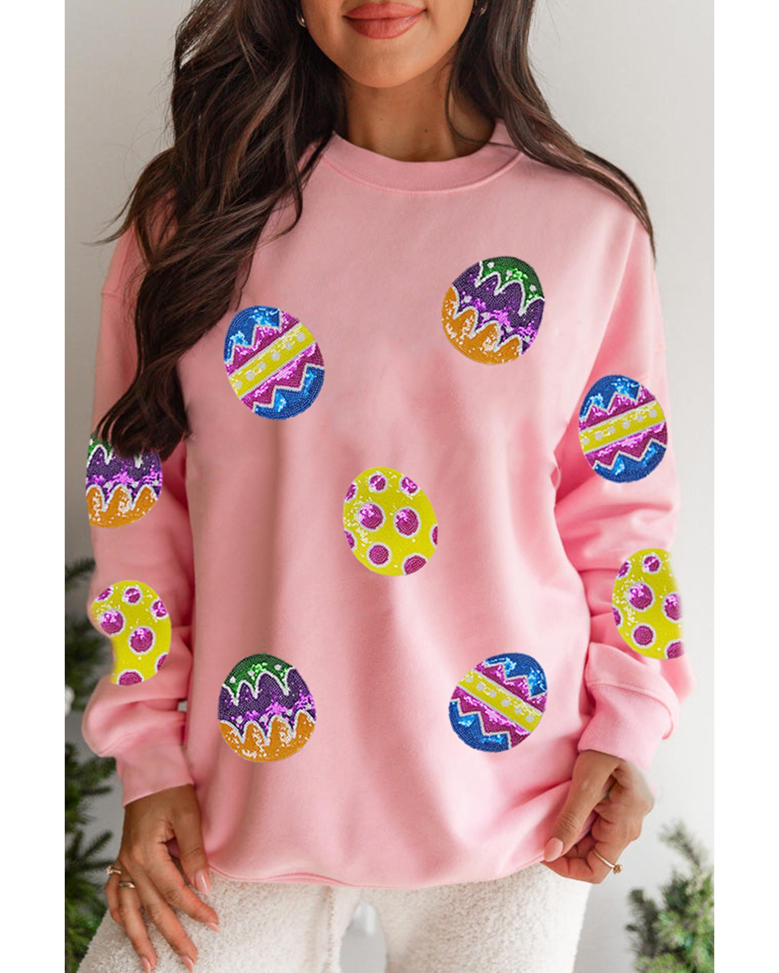 V539-AZEXDC25319477-10-S-202506130922-00 Pink Easter Egg Patched Graphic Drop Shoulder Pullover Sweatshirt - S - Image 1