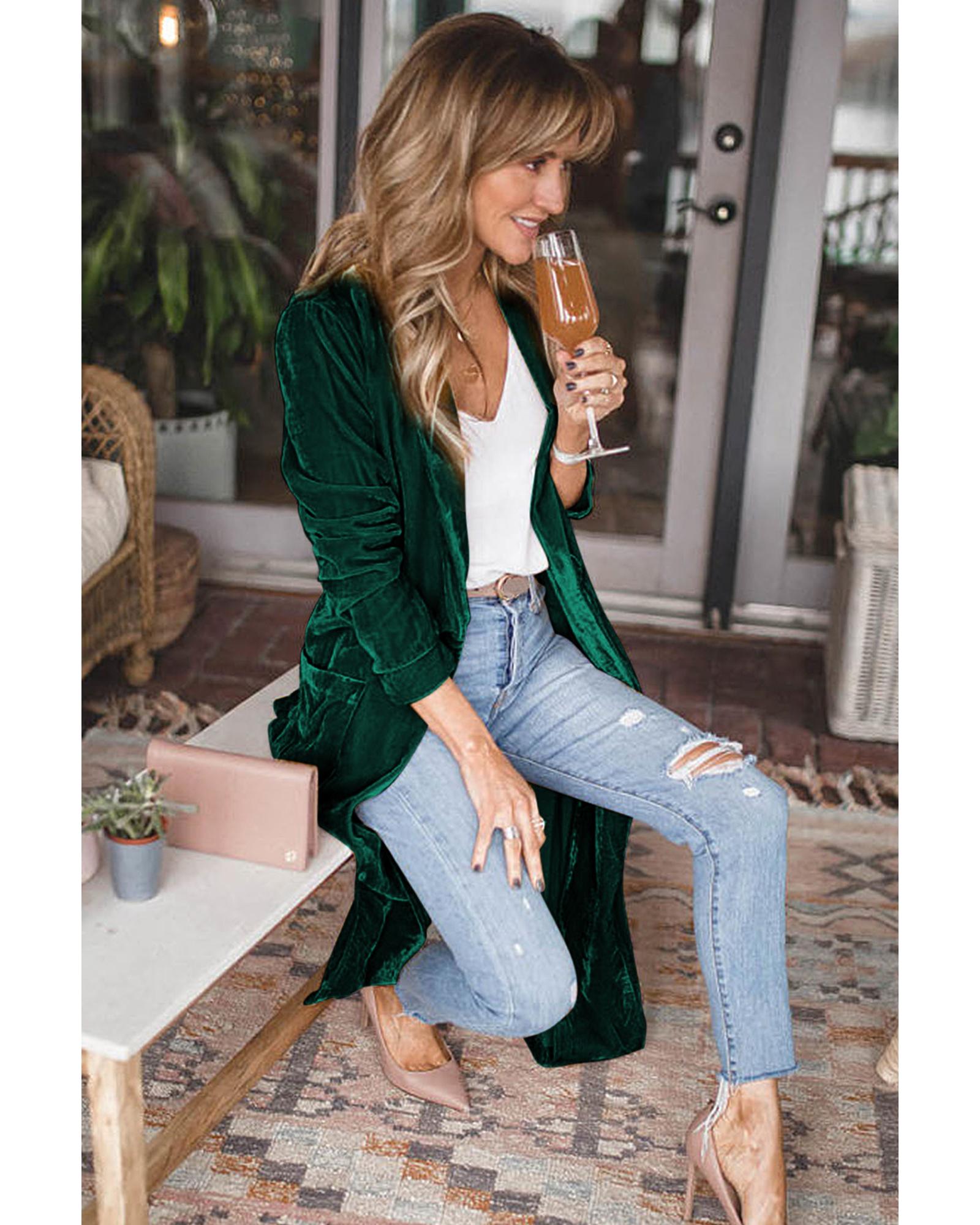 V539-AZEXDC2541539-9-M-202508271425-00 Green Velvet Open Front Pocketed Long Duster - M - Image 1