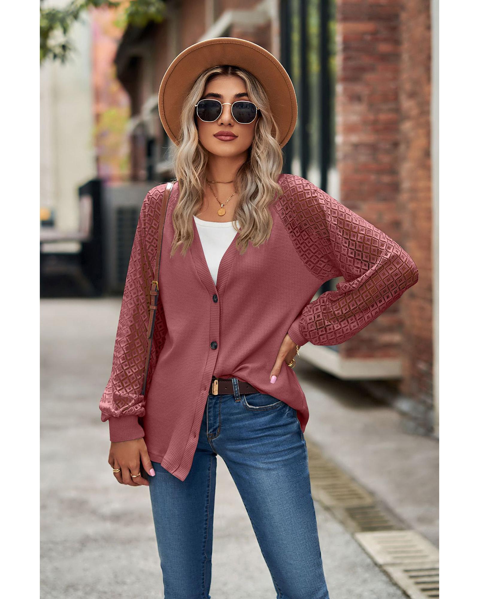 V539-AZEXDC2541906-3-XL-202508270825-00 Azura Exchange Waffled Knit Lace Long Sleeve Buttoned Cardigan - XL - Image 1