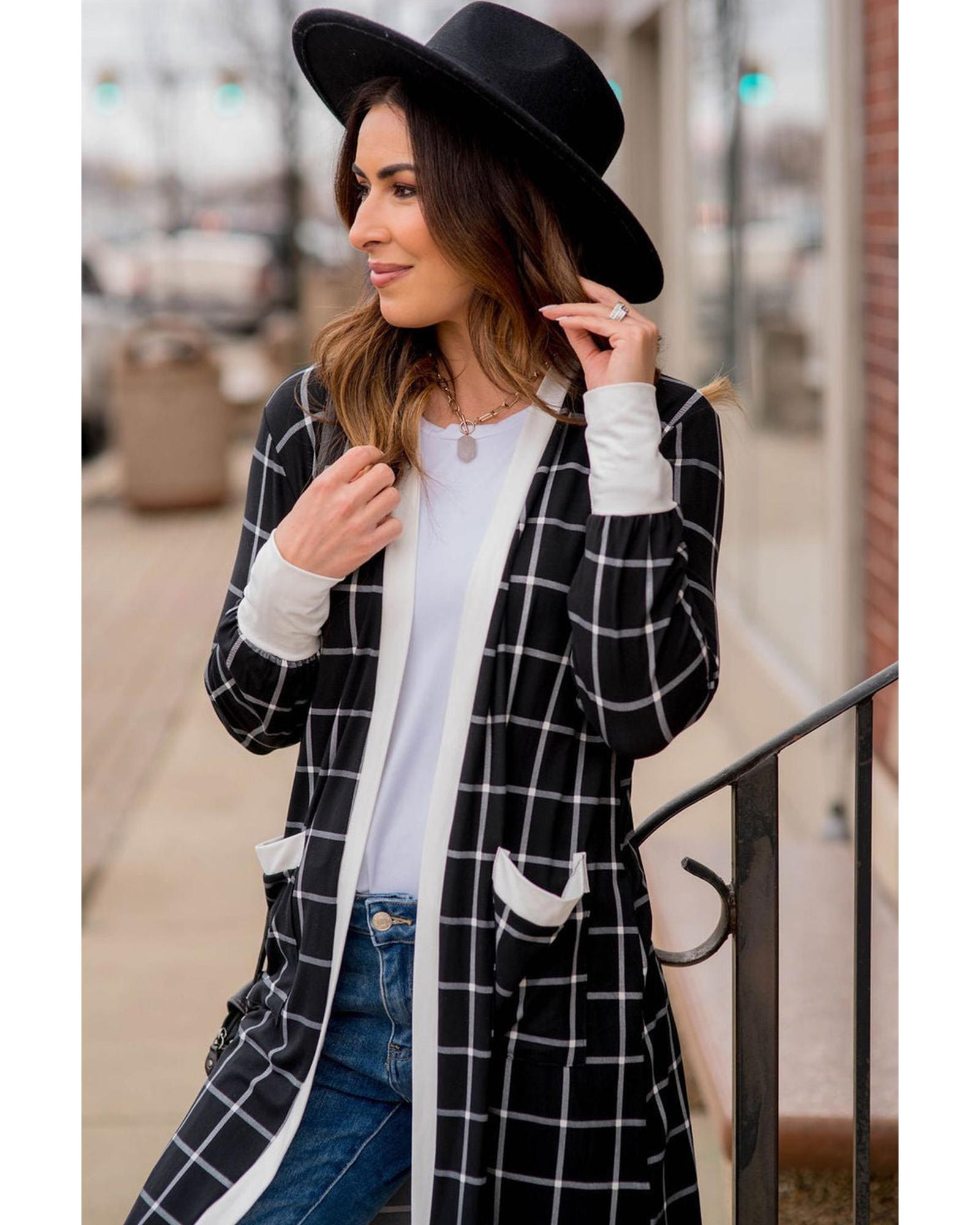 V539-AZEXDC2542503-P220-M-202508280635-00 Black Plaid Colorblock Edge Open Cardigan with Pocket - M - Image 1