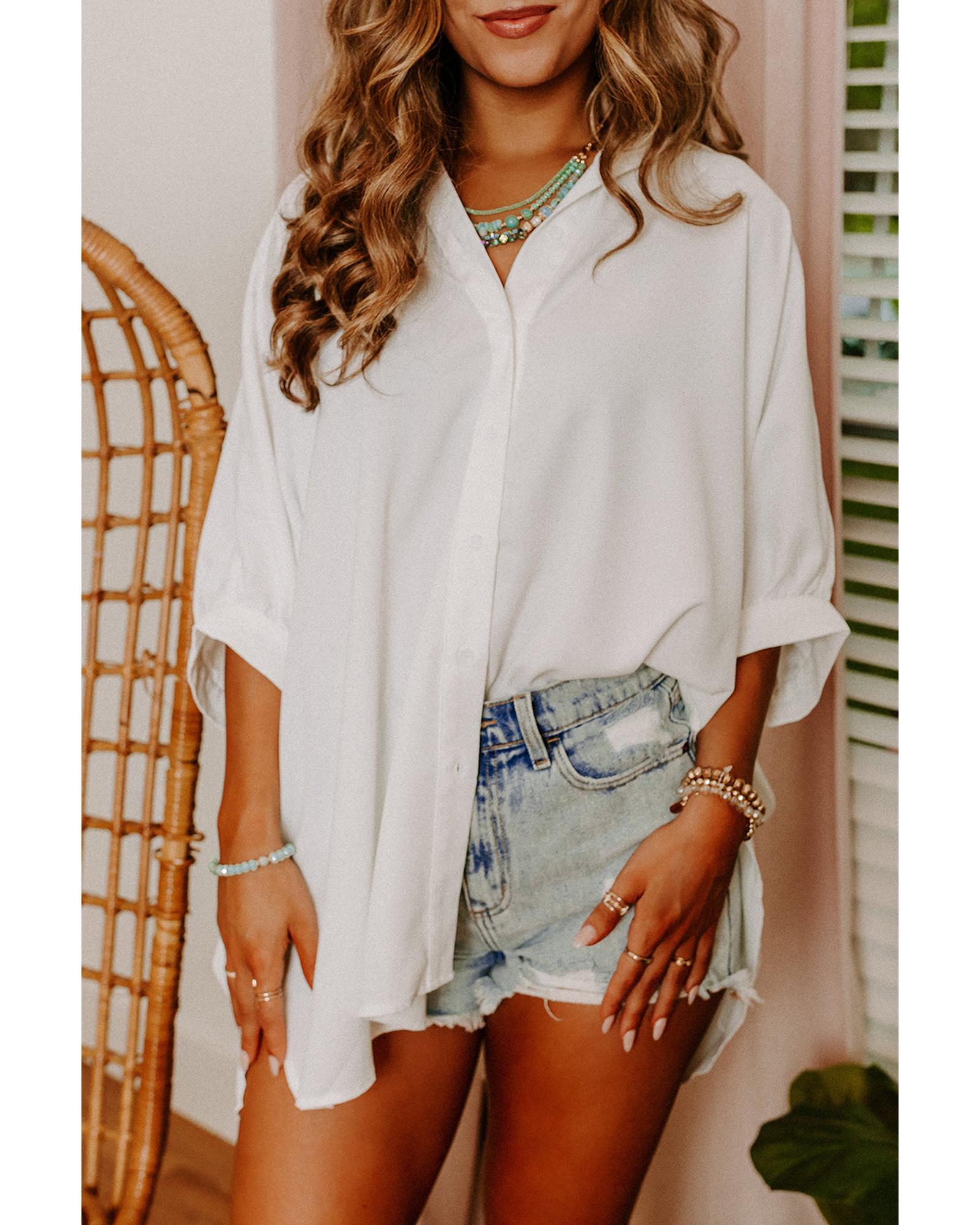 V539-AZEXDC2553185-1-2XL-202508291825-00 Azura Exchange White 3/4 Puff Sleeve Oversize Shirt - 2XL - Image 1