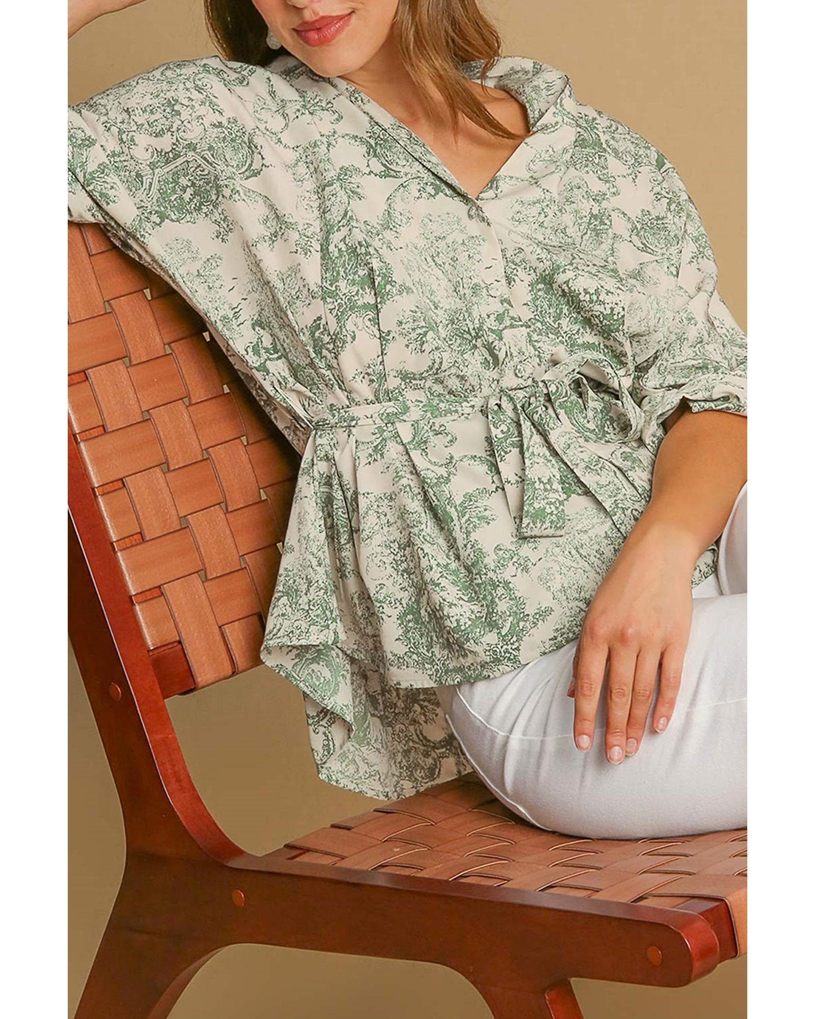 V539-AZEXDC2555692-P920-L-202508300100-00 Green Landscape Print Tied 3/4 Sleeve Shirt with Sash - L - Image 1