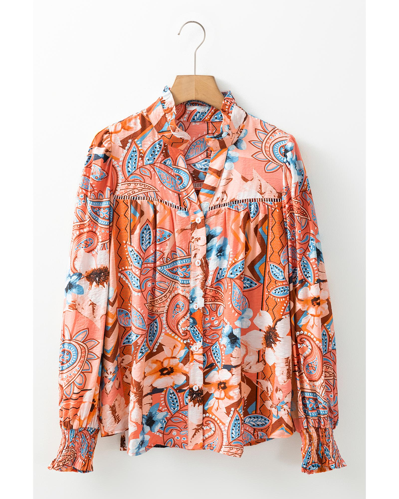 V539-AZEXDC2555708-P1420-XL-202508291245-00 Orange Floral Print Shirred Cuff Buttoned Loose Shirt - XL - Image 1