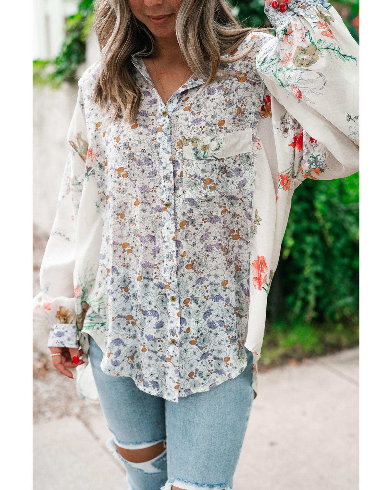 V539-AZEXDC2555717-P820-S-202506131326-00 Purple Boho Floral Bishop Sleeve Button Up Loose Shirt - S - Image 1