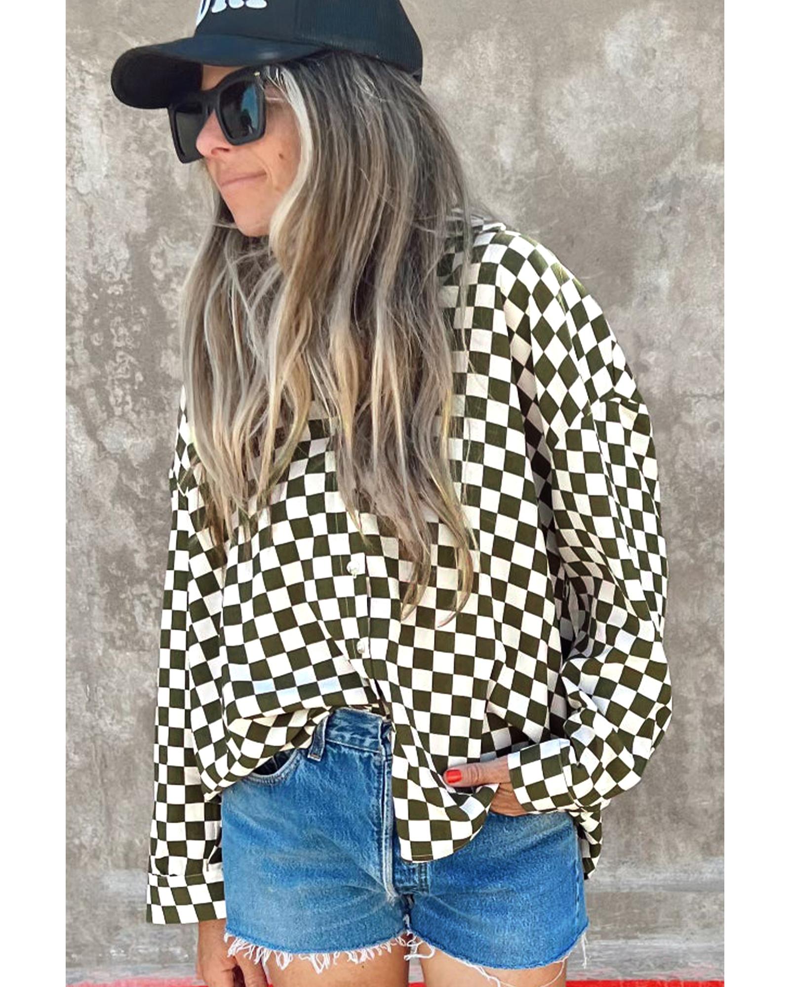 V539-AZEXDC2555761-P920-L-202508282100-00 Green Checkerboard Printed Drop Shoulder Loose Casual Shirt - L - Image 1