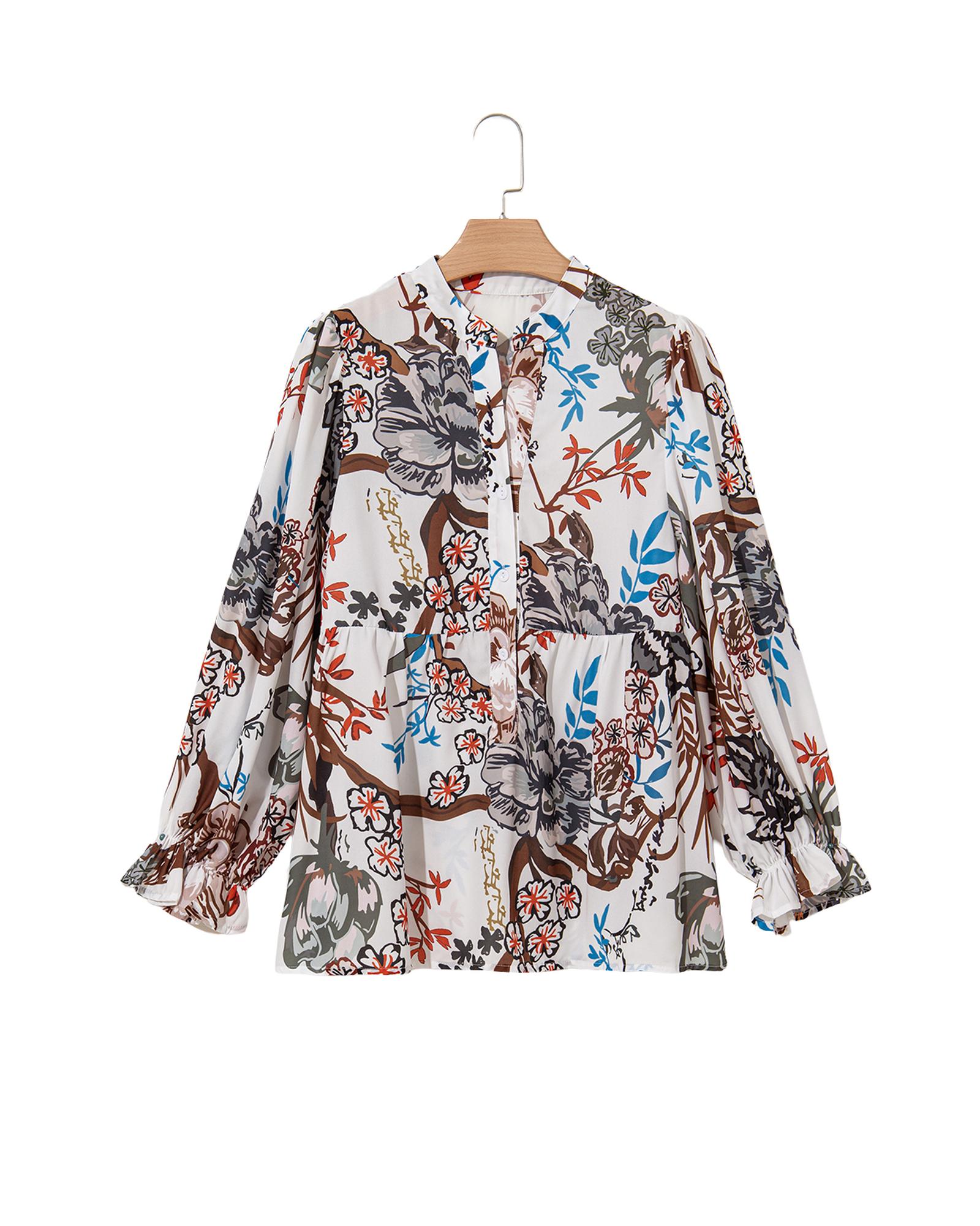 V539-AZEXDC2555770-P101-M-202508291430-00 White Floral Print Balloon Sleeves Button Up Loose Casual Shirt - M - Image 1