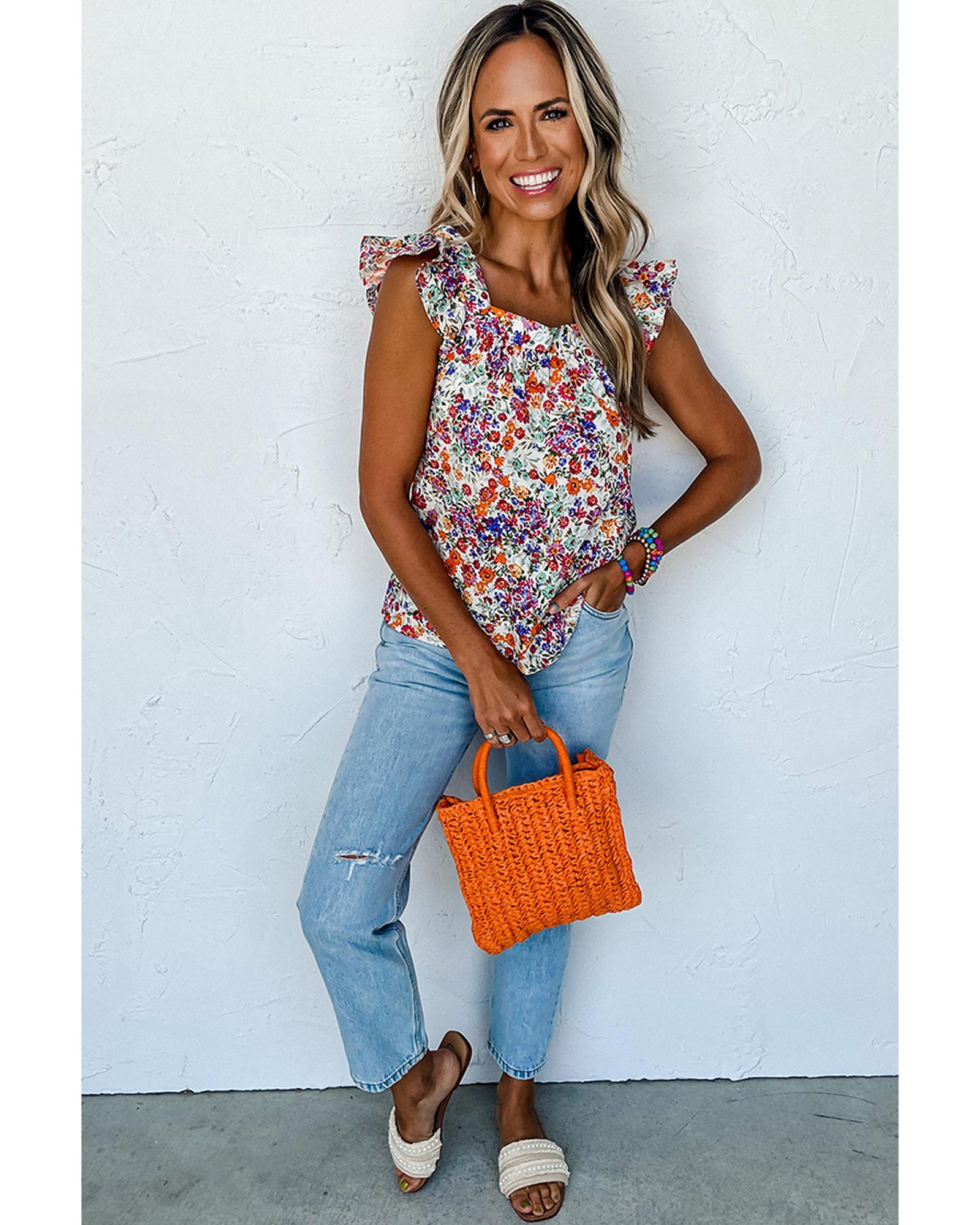 V539-AZEXDC25611301-P622-M-202508291610-00 Rose Red Floral Square Neck Flutter Tank Top - M - Image 1