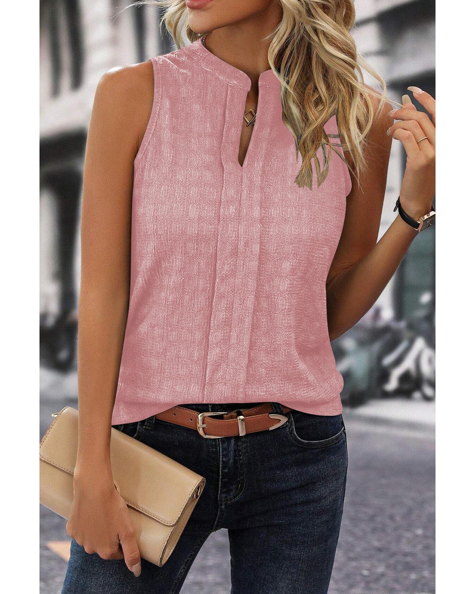 V539-AZEXDC25611705-P10-XL-202508282205-00 Pink Lattice Textured Split Neck Tank Top - XL - Image 1