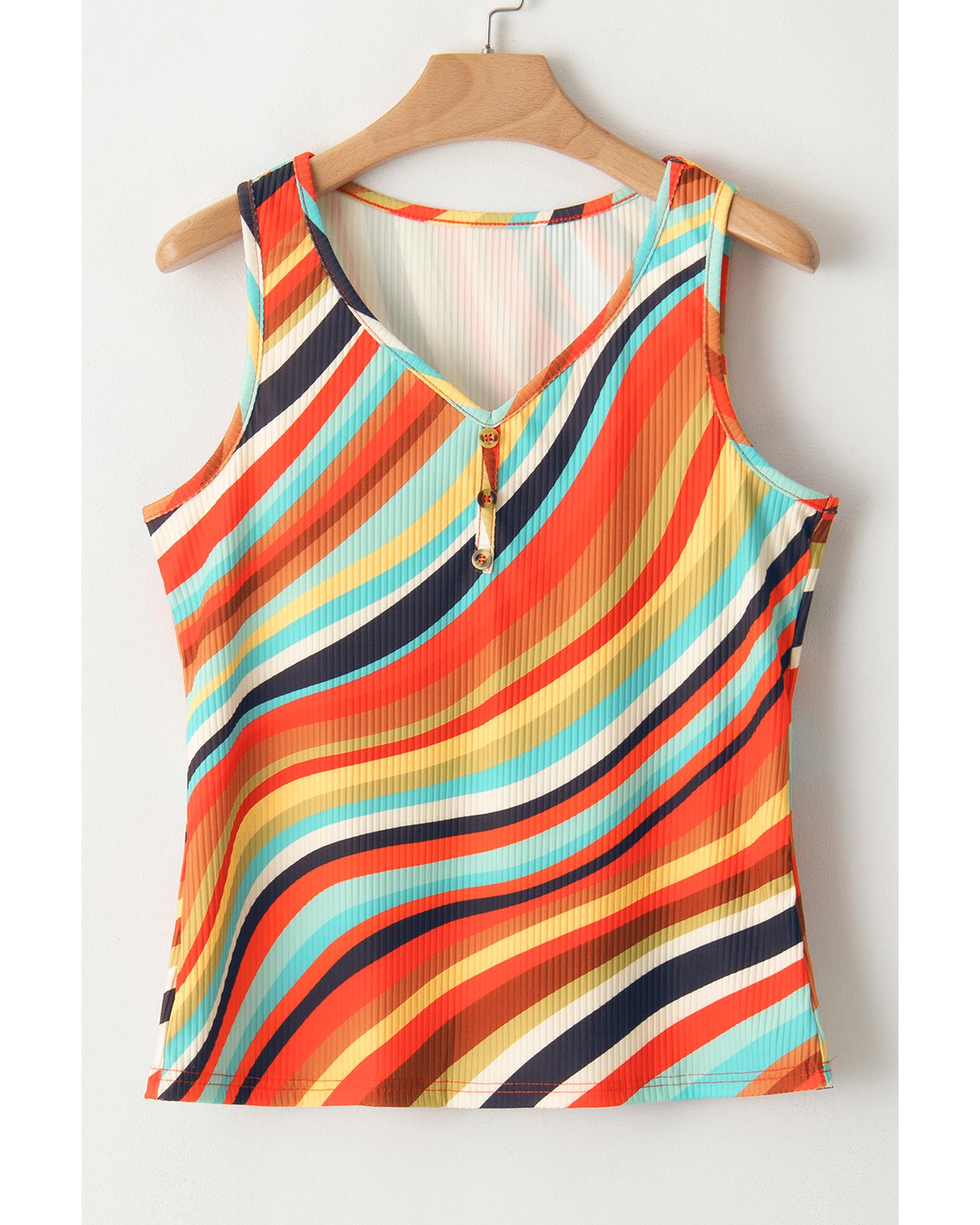 V539-AZEXDC25611785-P22-M-202508291630-00 Multicolour Wavy Striped Buttoned V Neck Tank Top - M - Image 1