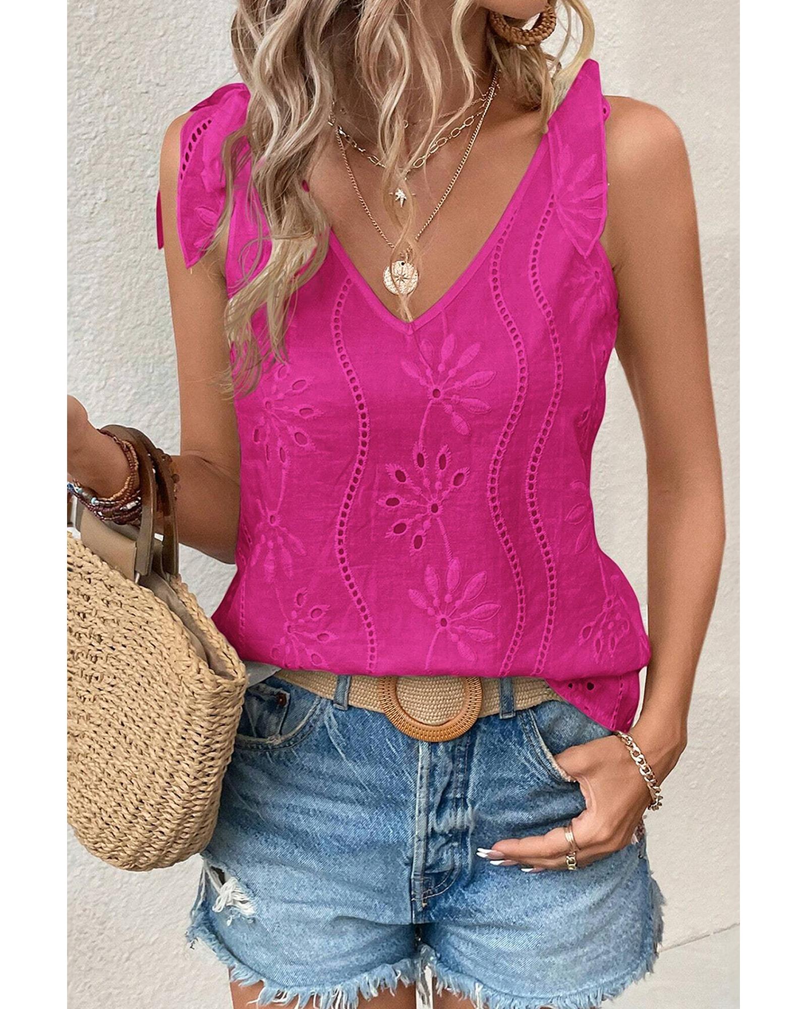 V539-AZEXDC25612060-P6-XL-202508300405-00 Rose Red Embroidery Patterned Knotted Straps V Neck Tank Top - XL - Image 1
