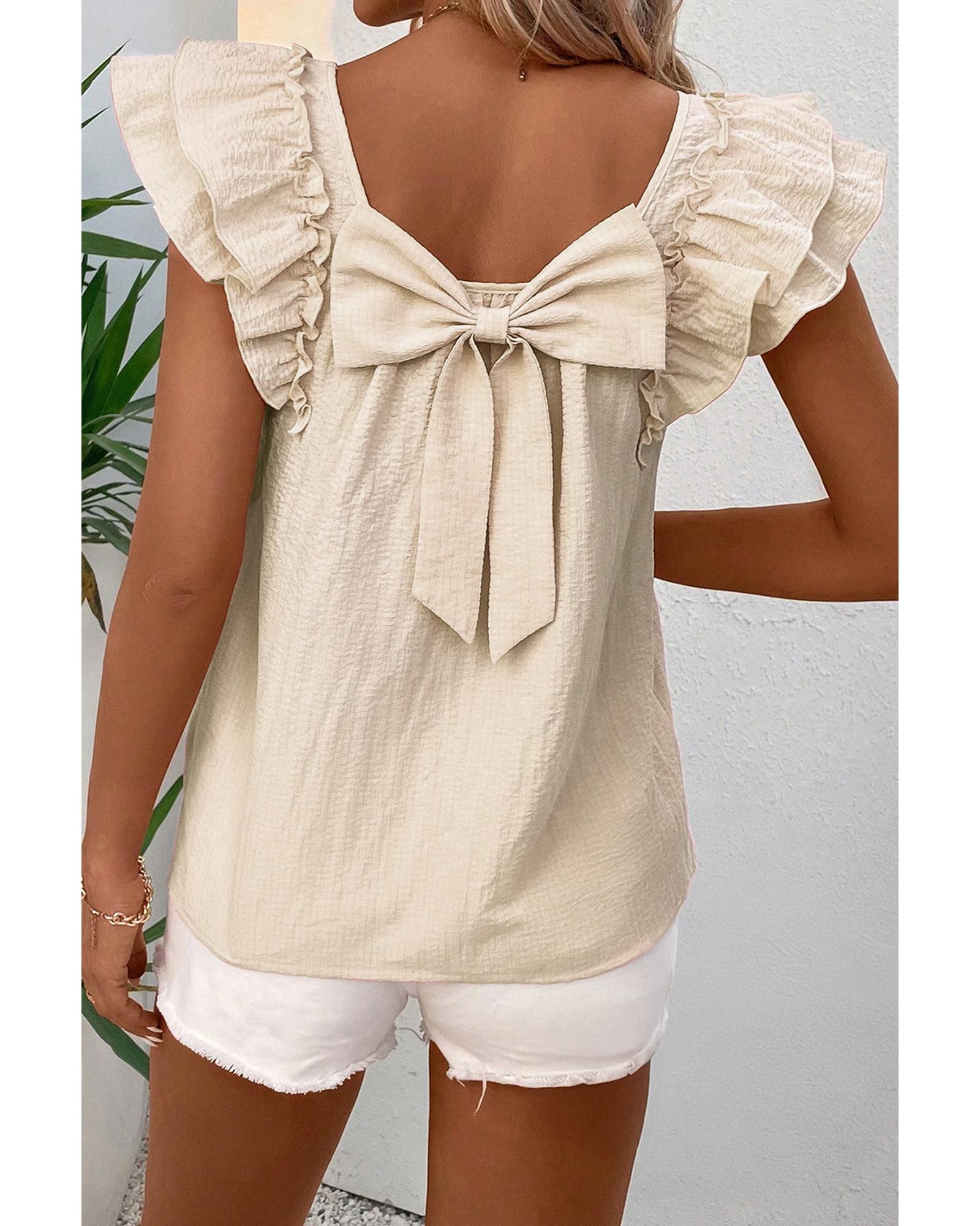 V539-AZEXDC25612770-P15-M-202506131617-00 Beige Textured Bow Knot Frilled Butterfly Sleeve Blouse - M - Image 1