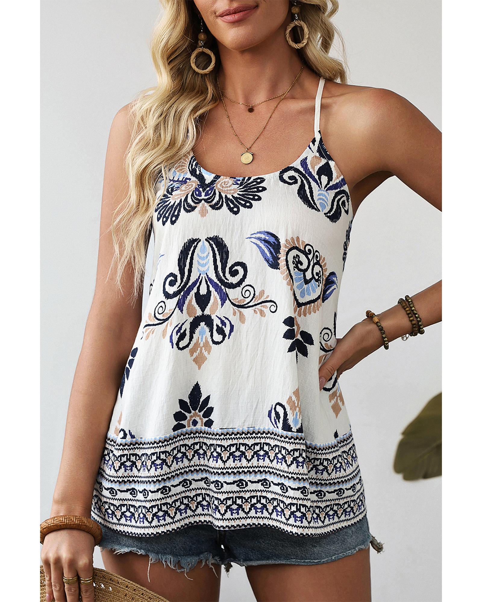 V539-AZEXDC25612948-P520-M-202508280955-00 Blue Bohemian Fashion Print Spaghetti Straps Loose Tank - M - Image 1