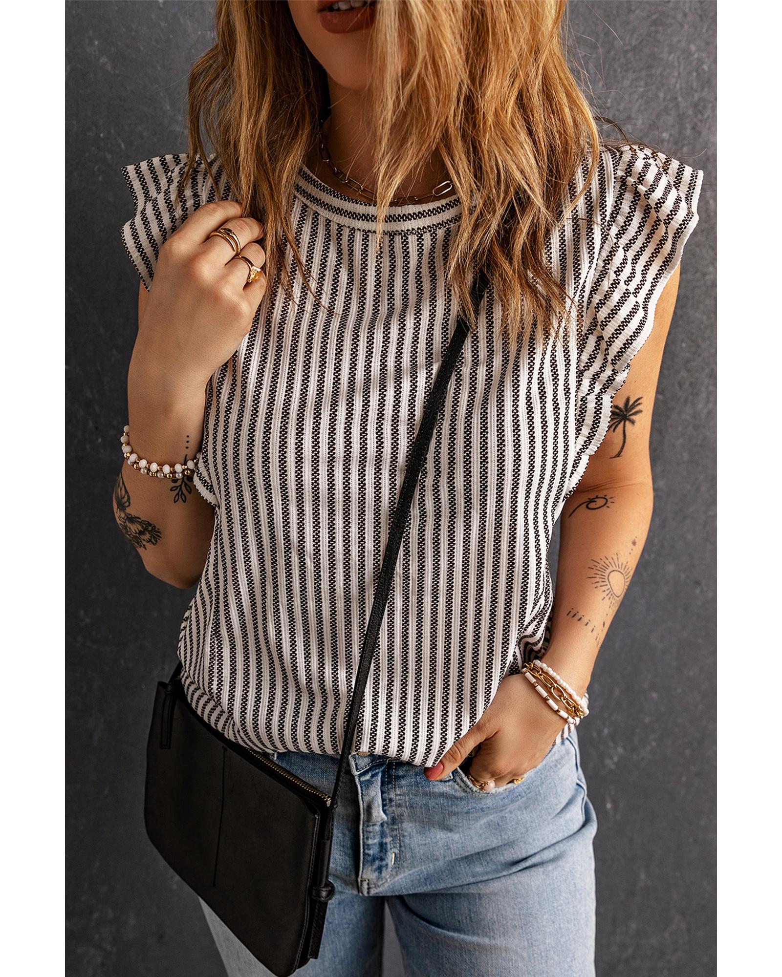 V539-AZEXDC256435-11-XL-202508281645-00 Gray Crew Neck Ruffled Striped Tank Top - XL - Image 1