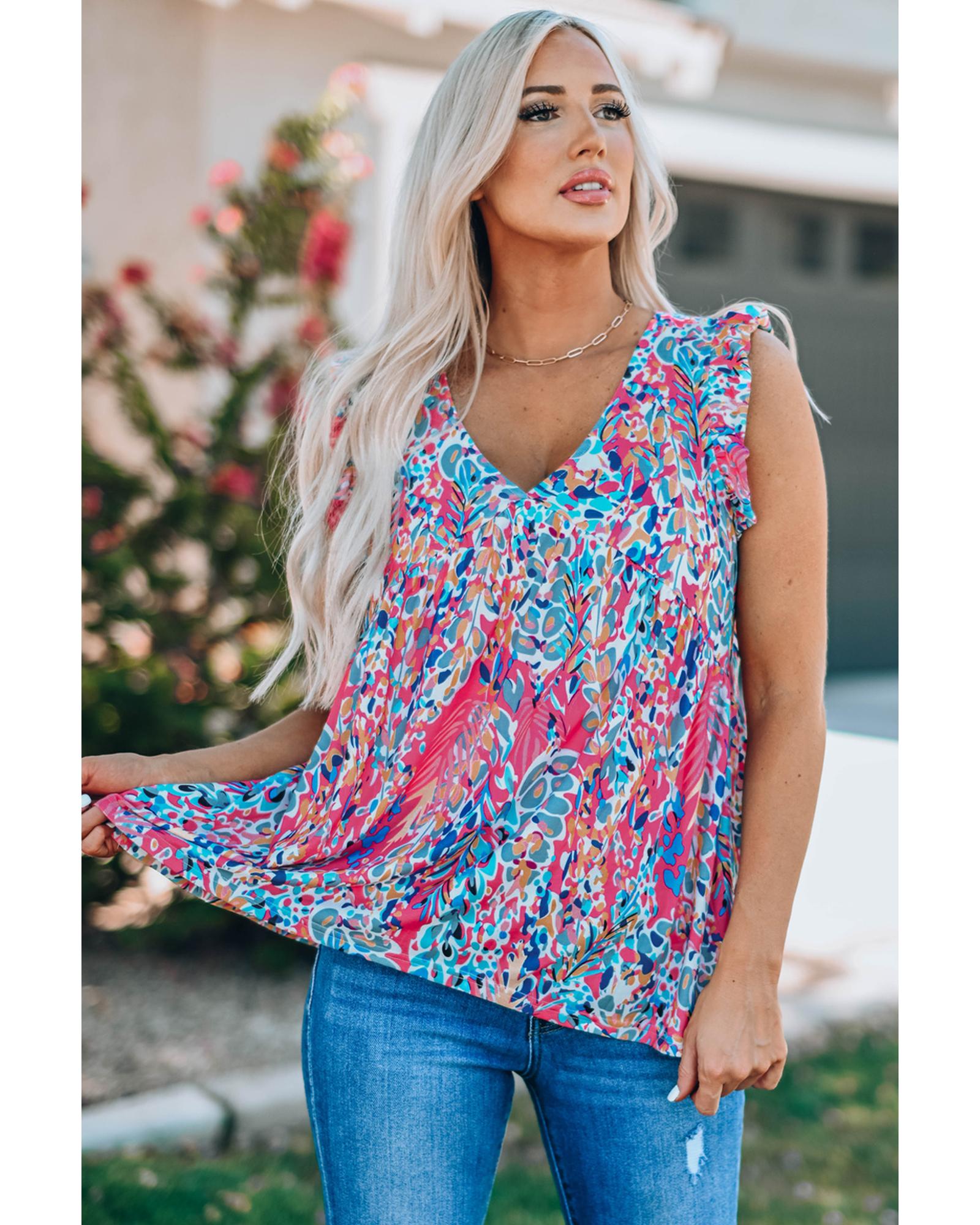 V539-AZEXDC2565745-10-M-202508300125-00 Boho Pattern Print Flounce V Neck Tank Top - M - Image 1