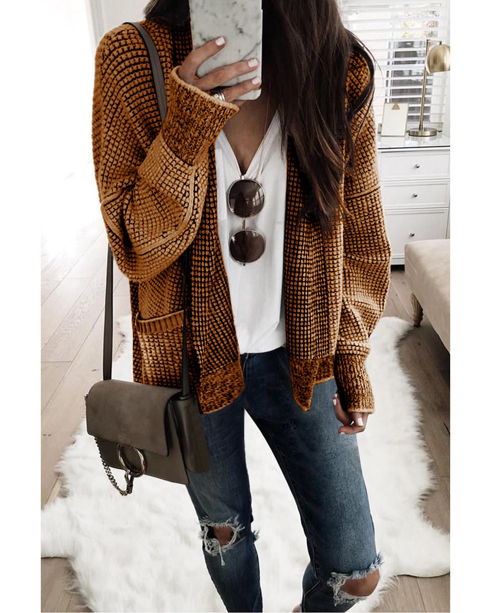 V539-AZEXDC2711120-17-S-202506131807-00 Brown Chunky Waffle Knit Oversized Collar Cardigan - S - Image 1