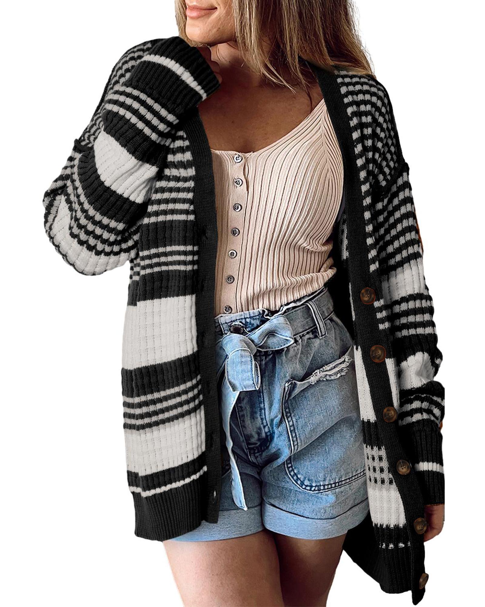 V539-AZEXDC2711151-P2-M-202508281455-00 Black Colorblock Textured Knit Buttoned Cardigan - M - Image 1