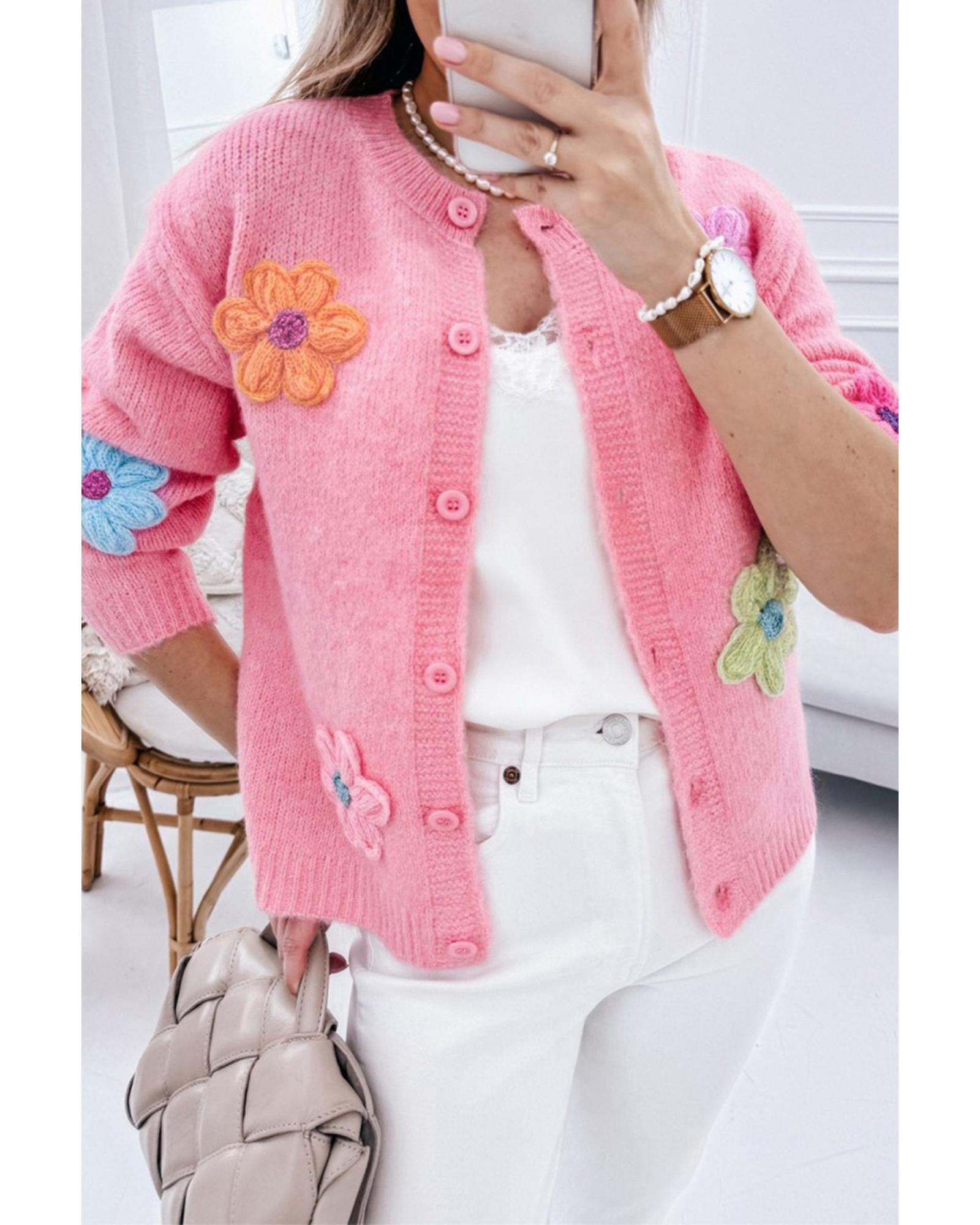 V539-AZEXDC2711705-P10-S-202506132016-00 Pink Cute Knitted Floral Pattern Button Up Cardigan - S - Image 1