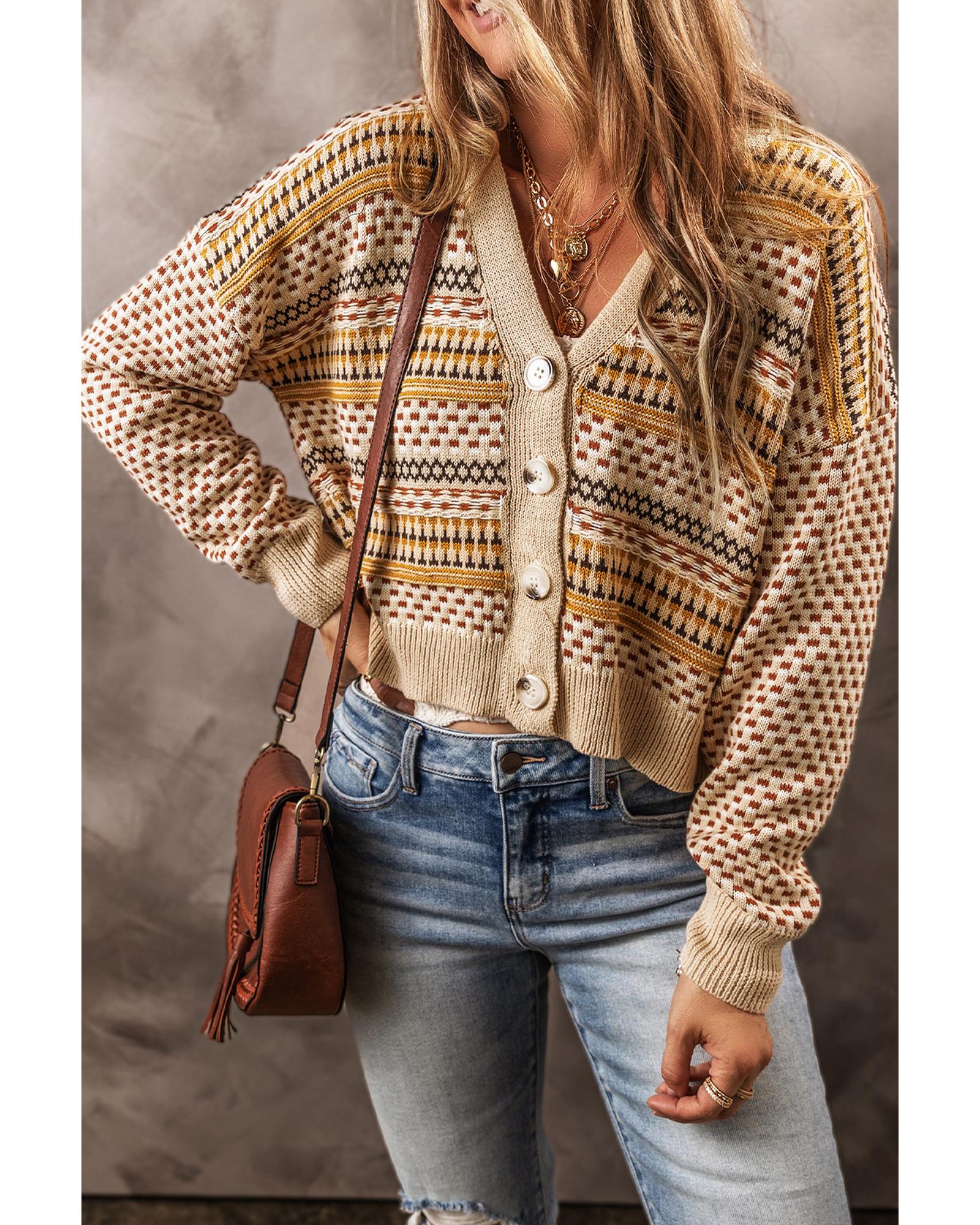 V539-AZEXDC2711770-P1622-S-202506132117-00 Khaki Buttoned V Neck Cropped Cardigan - S - Image 1