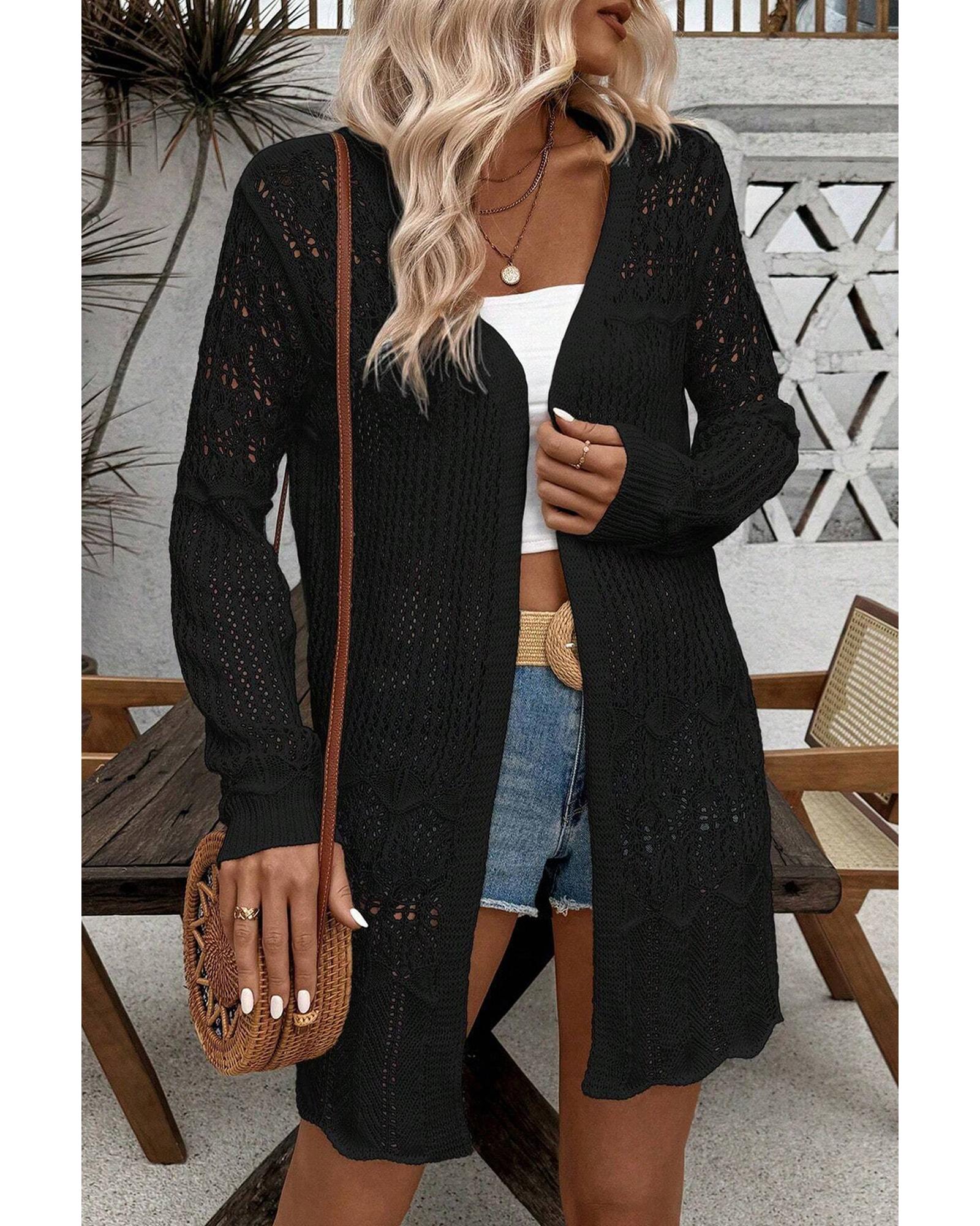 V539-AZEXDC2711893-P2-XL-202508291245-00 Black Crochet Hollow Out Open Front Cardigan - XL - Image 1