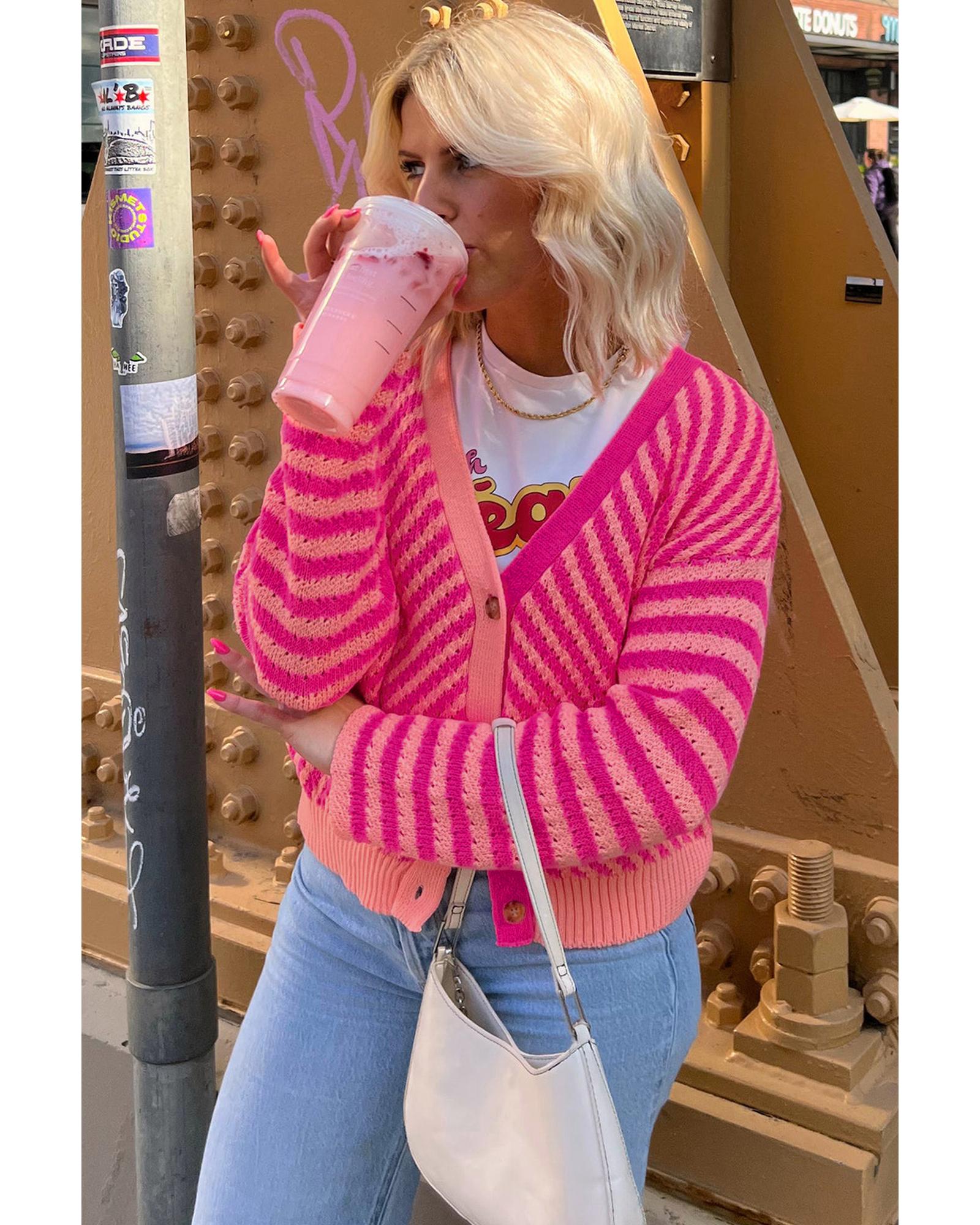 V539-AZEXDC2712003-P1022-M-202508281440-00 Pink Striped Buttoned V Neck Drop Shoulder Cardigan - M - Image 1