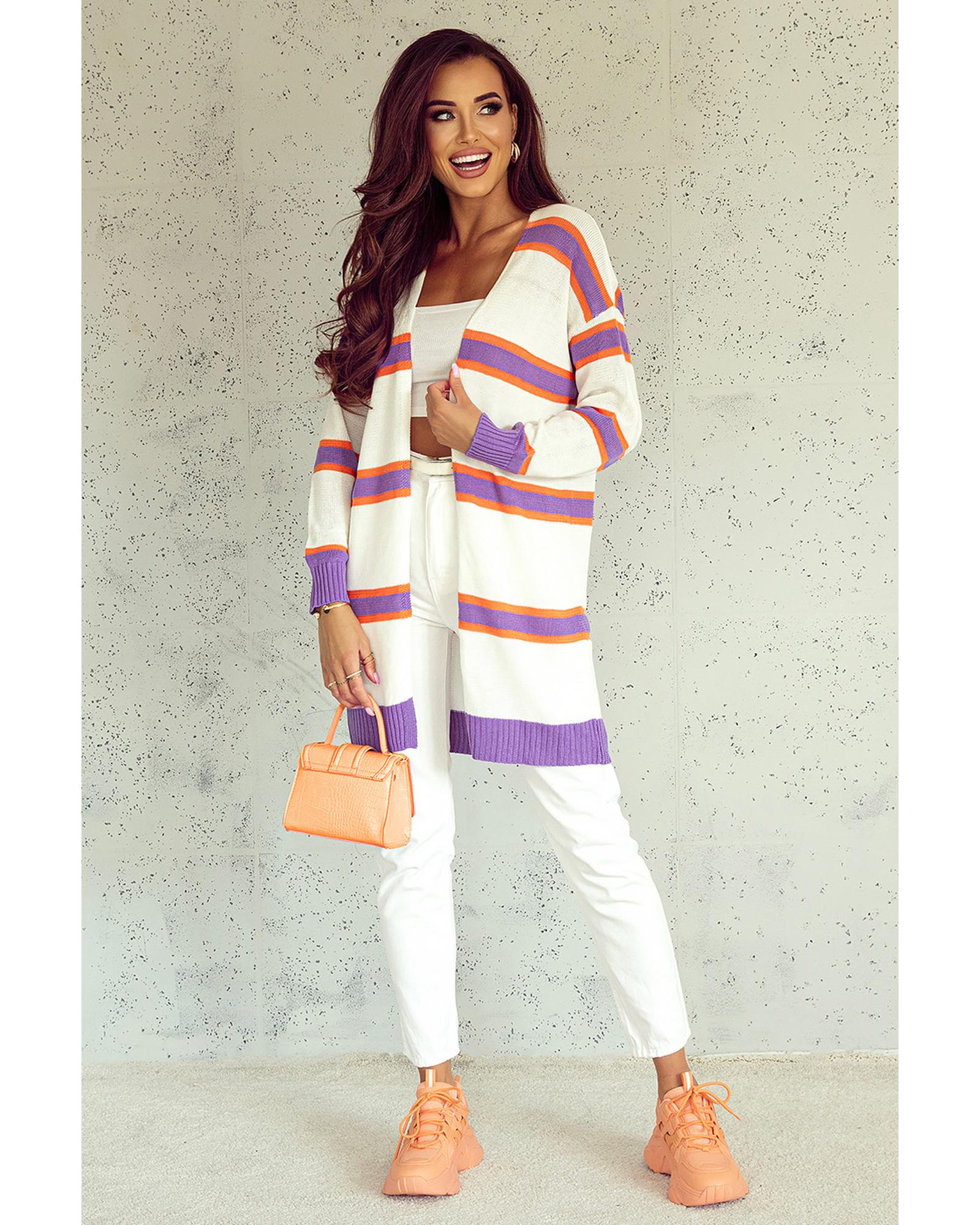 V539-AZEXDC271932-15-S-202506132040-00 Azura Exchange Beige Striped Long Sleeve Ribbed Trim Button Cardigan - S - Image 1