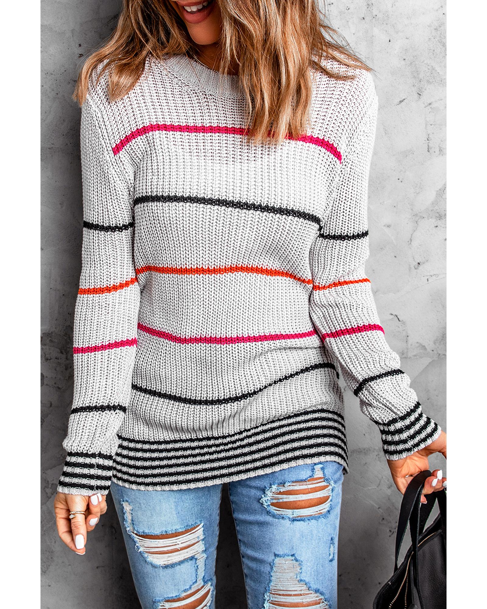V539-AZEXDC2721559-11-S-202506132211-00 Gray Ribbed Knit Striped Sweater - S - Image 1