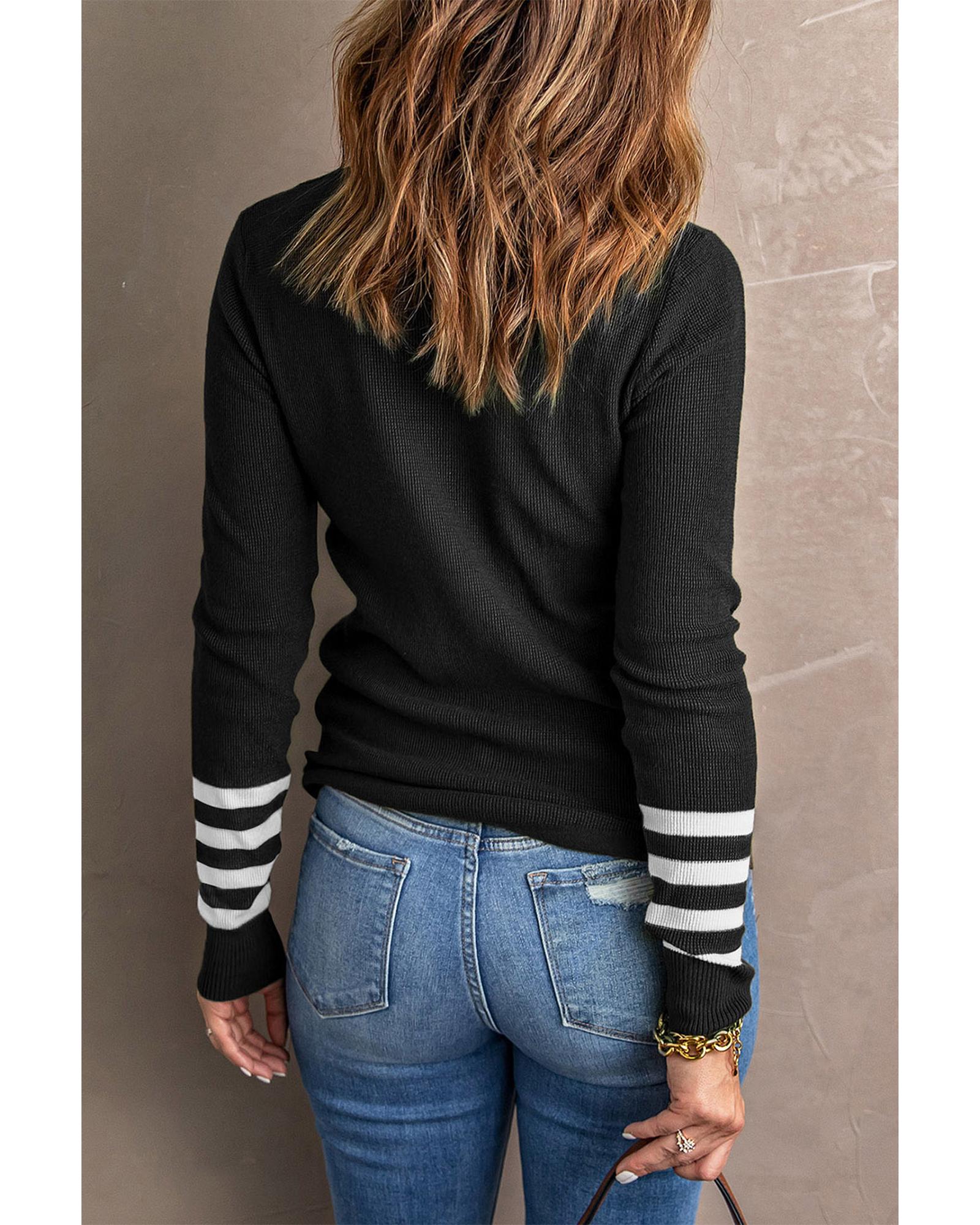 V539-AZEXDC2722274-2-L-202508291715-00 Black Striped Sleeve Plain Knit Sweater - L - Image 1