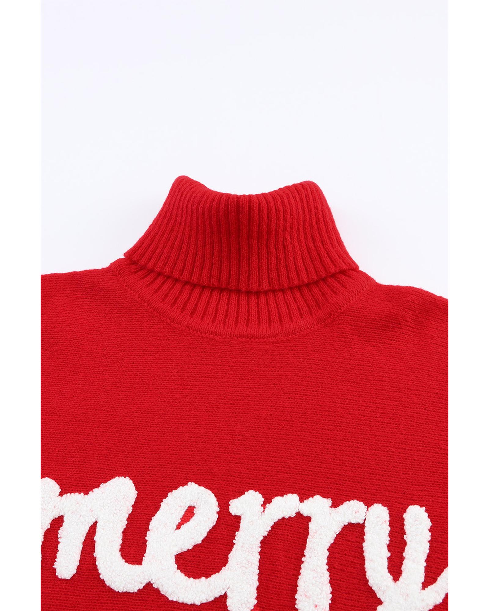 V539-AZEXDC2722817-3-M-202508300500-00 Azura Exchange Red Merry Letter Embroidered High Neck Sweater - M - Image 1