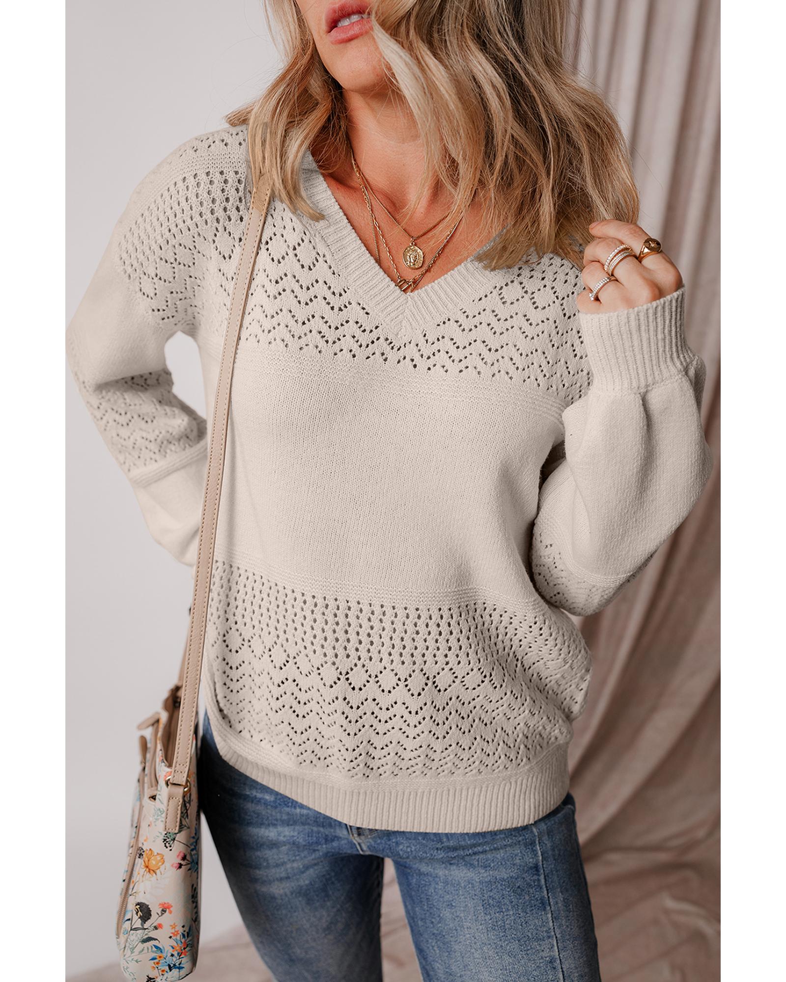 V539-AZEXDC2723137-17-M-202508280635-00 Brown Eyelet Pattern Detail V Neck Drop Shoulder Sweater - M - Image 1