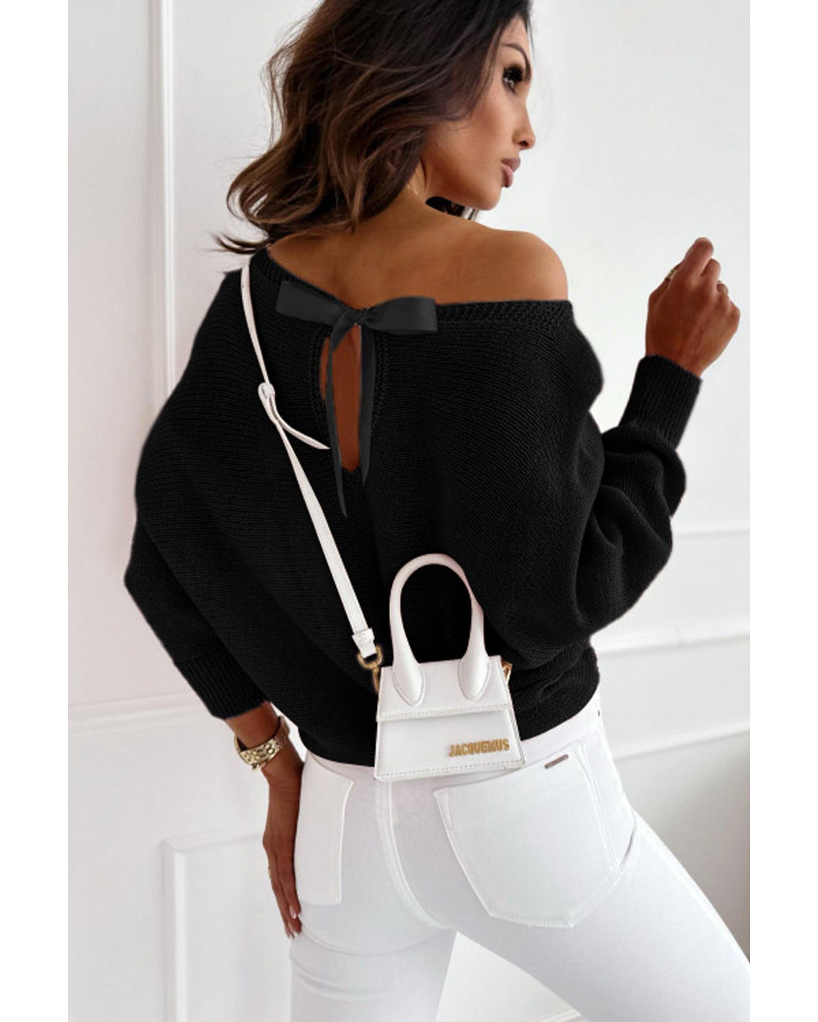 V539-AZEXDC2723147-P2-XL-202508300005-00 Black Ribbon Bow Knot Dolman Sleeve Sweater - XL - Image 1