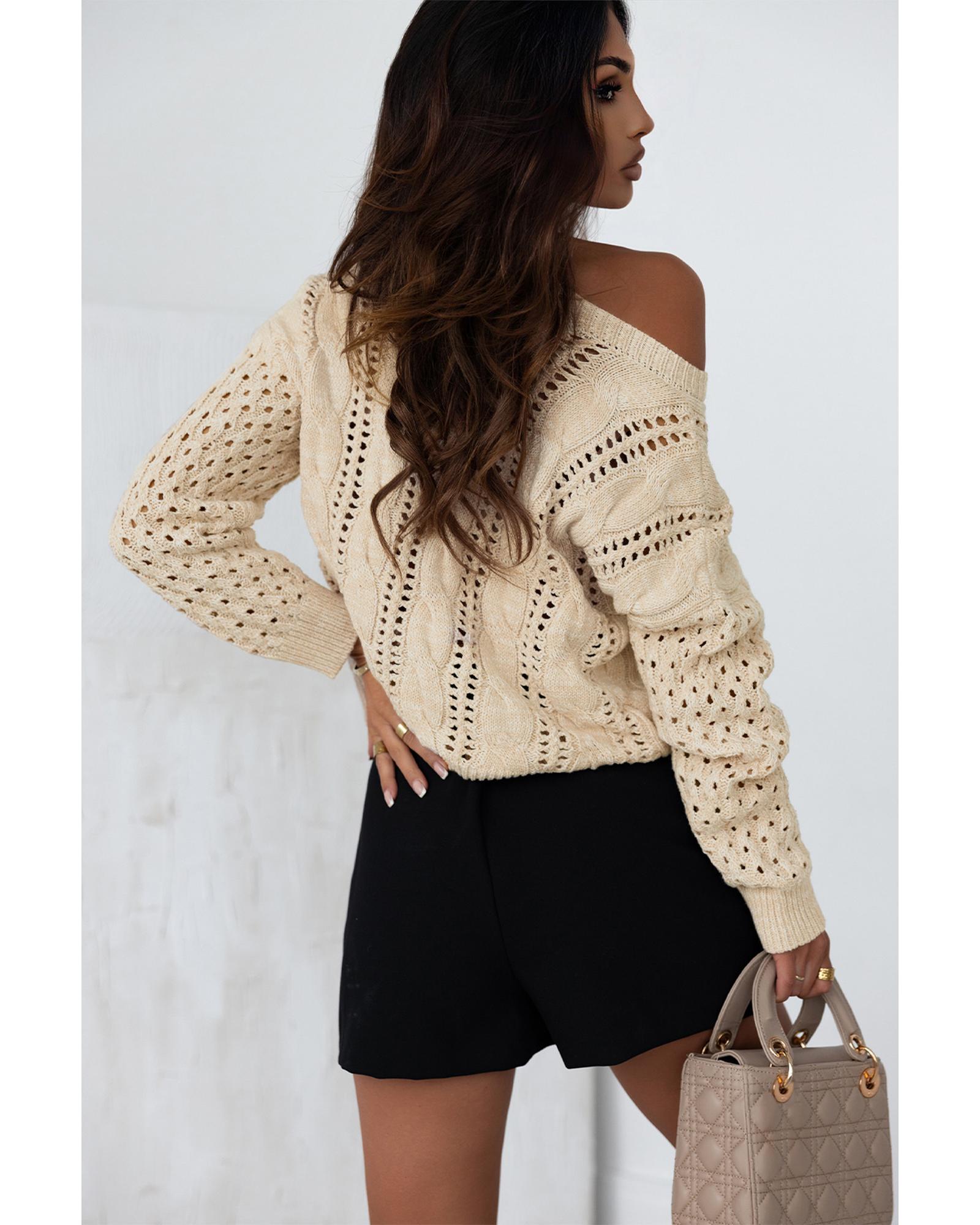 V539-AZEXDC2723209-16-M-202508291305-00 Khaki Eyelets Cable Knit Drop Shoulder Sweater - M - Image 1