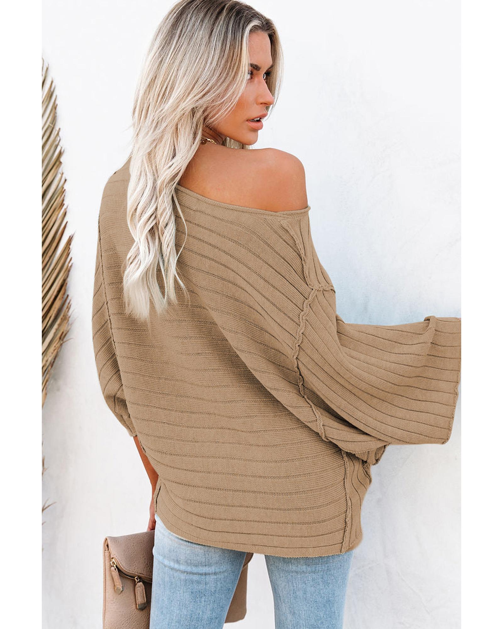 V539-AZEXDC2723218-17-M-202508300255-00 Brown Exposed Seam Ribbed Knit Dolman Top - M - Image 1