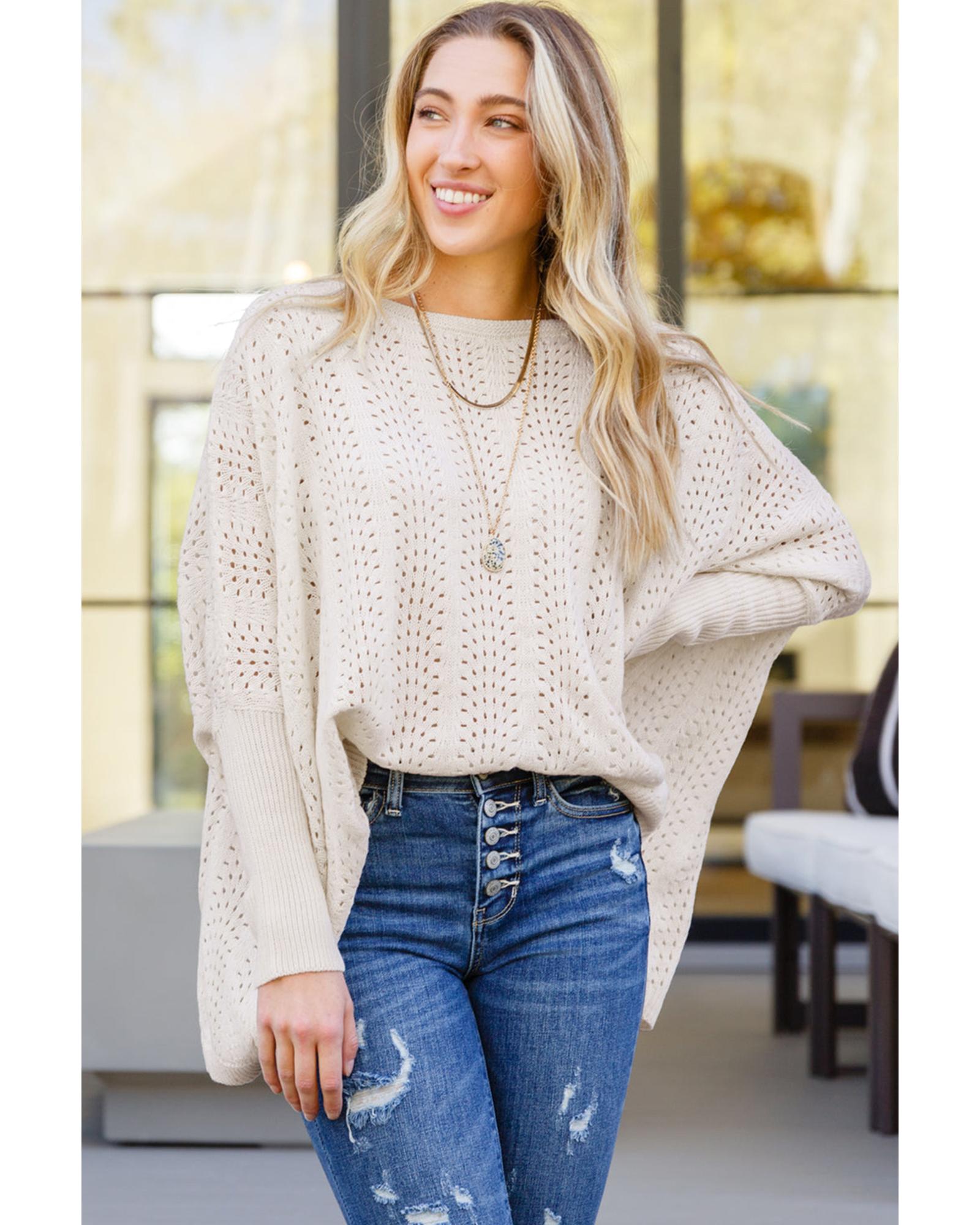 V539-AZEXDC2723681-15-S-202506140116-00 Beige Ribbed Hollow Knit Dolman Sleeve Sweater - S - Image 1