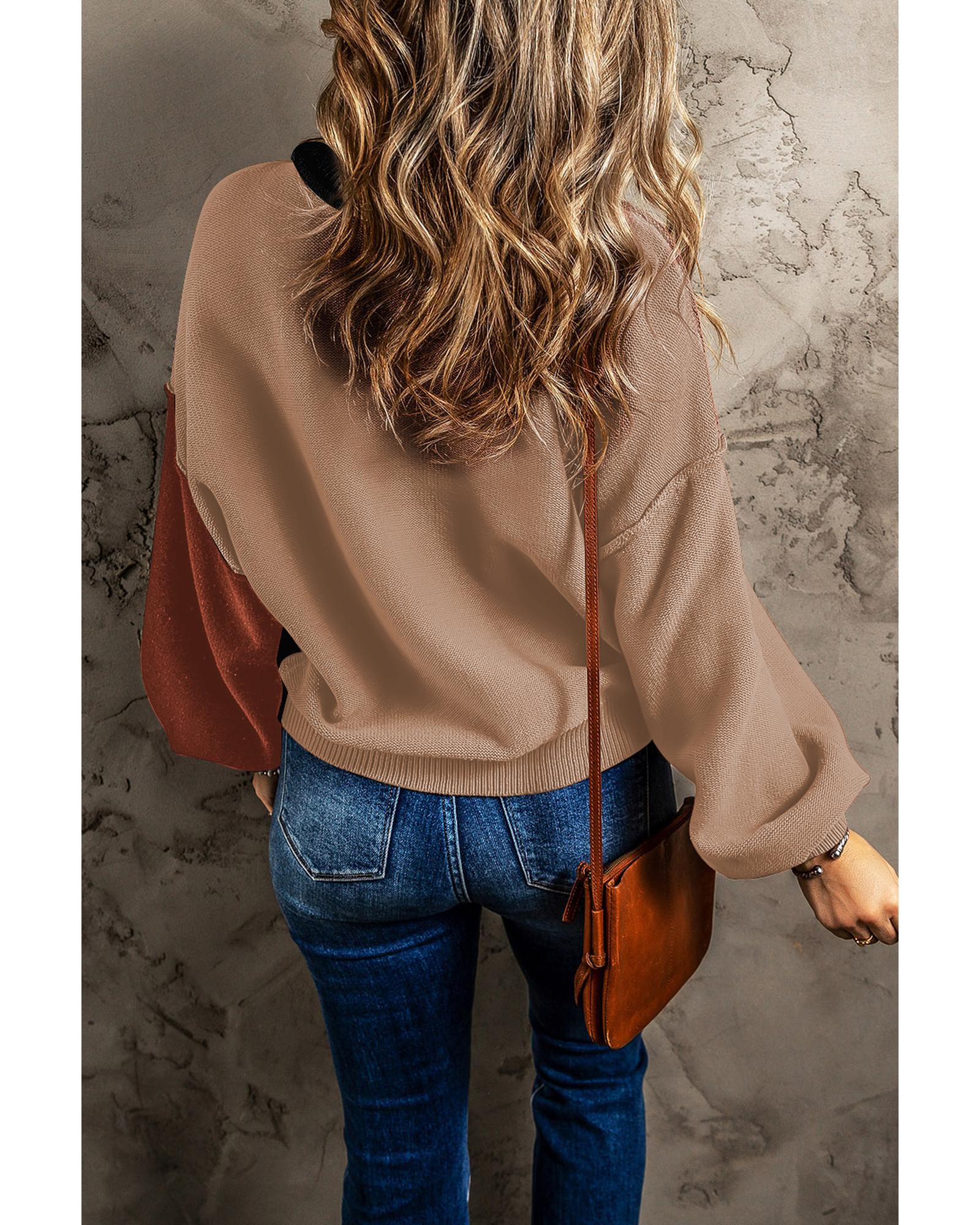 V539-AZEXDC2723854-P2-M-202508300235-00 Black Colorblock Bishop Sleeve Ribbed Trim Sweater - M - Image 1