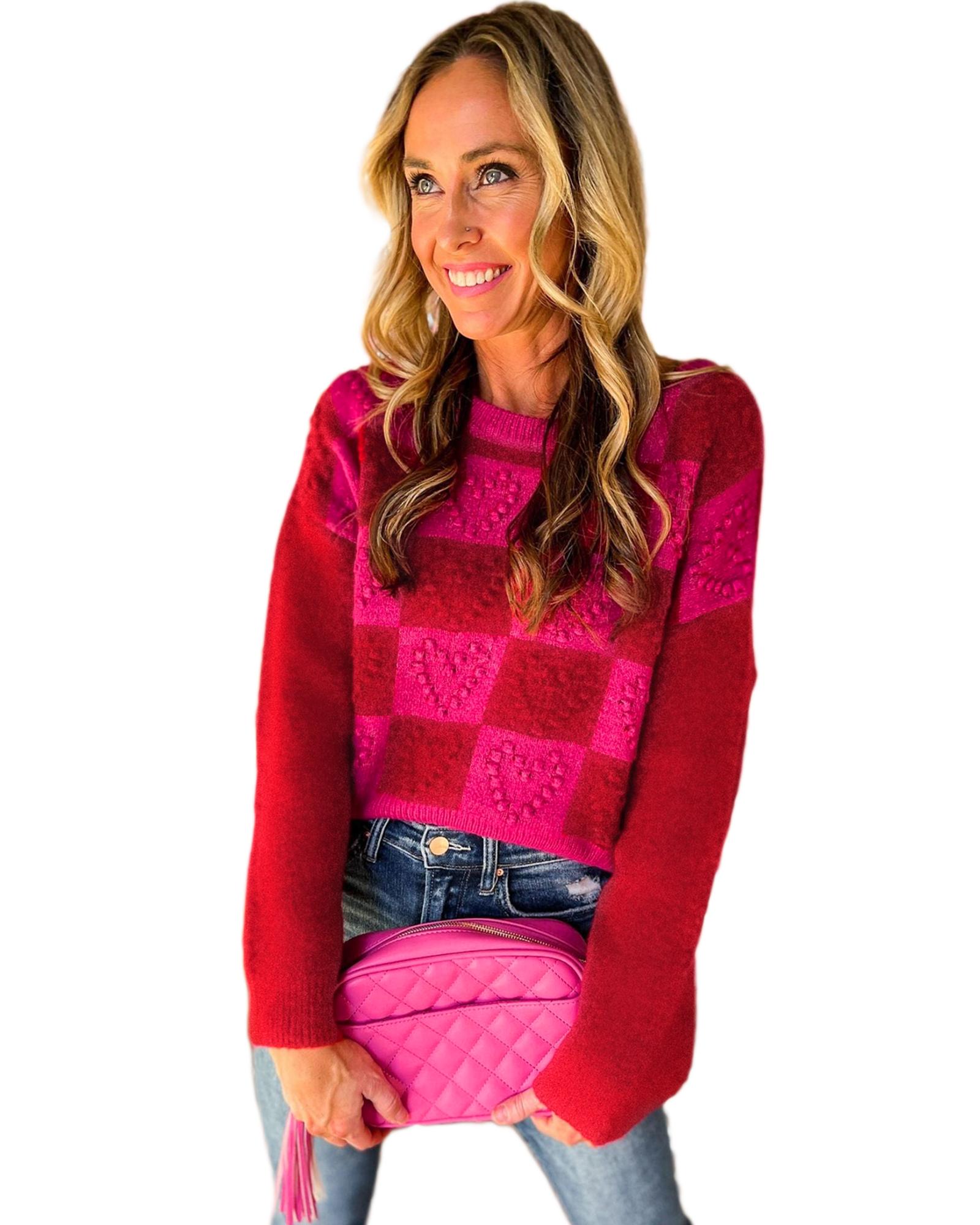 V539-AZEXDC2724207-P322-L-202508282115-00 Multicolor Checkered Pattern Heart Detail Textured Sweater - L - Image 1