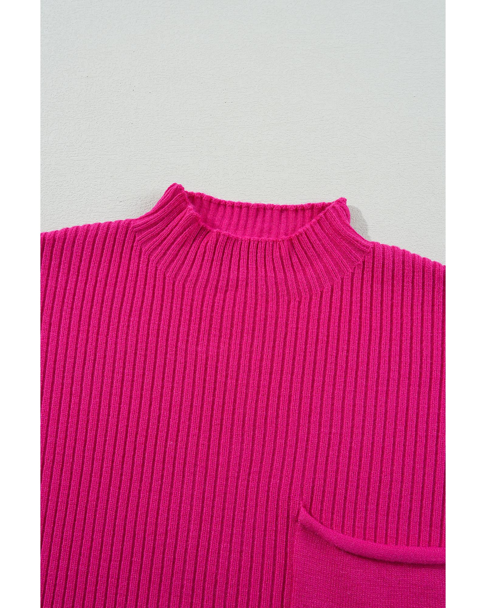 V539-AZEXDC2724250-P6-L-202508291735-00 Rose Red Patch Pocket Ribbed Knit Short Sleeve Sweater - L - Image 1
