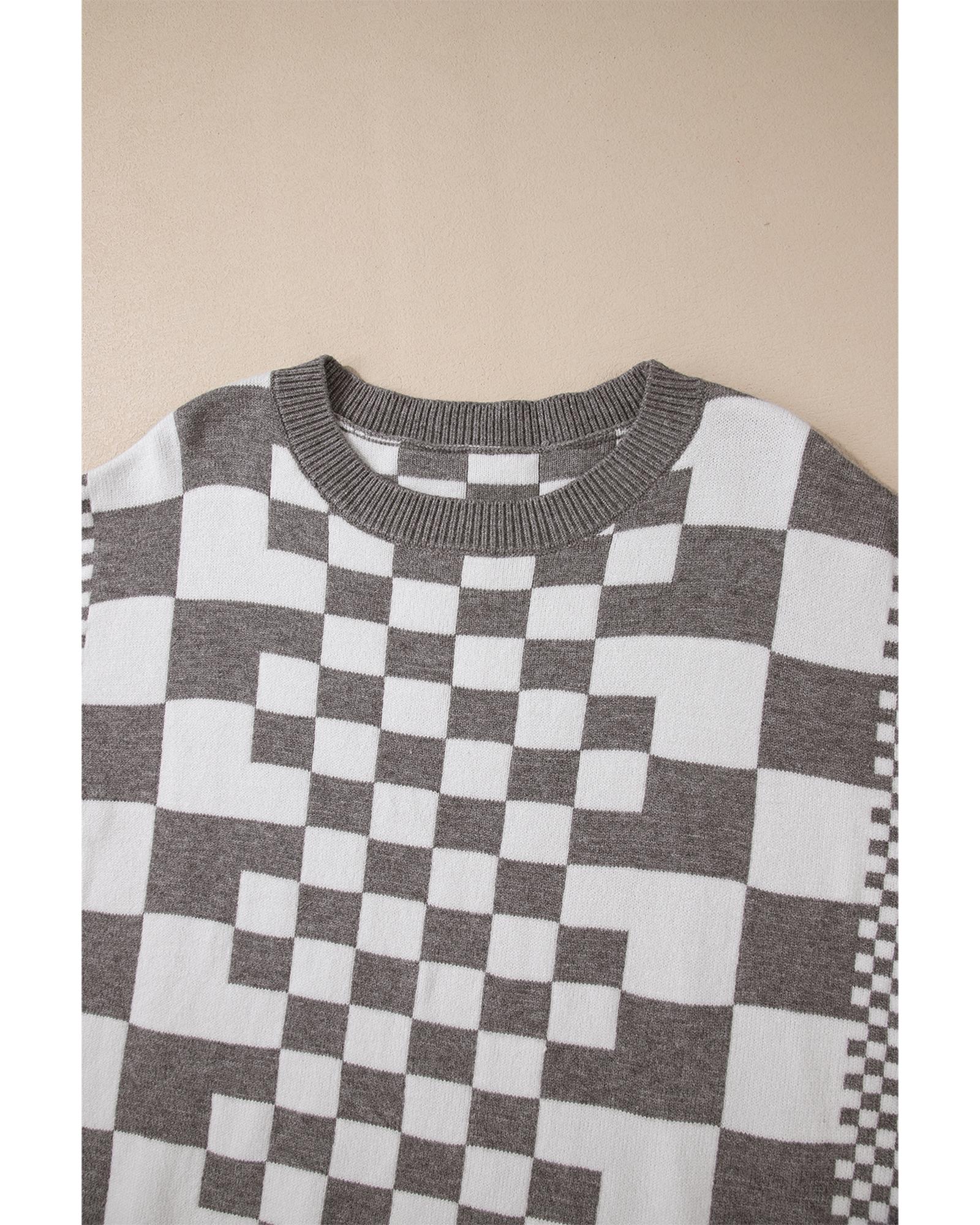 V539-AZEXDC2724831-P1122-XL-202508282125-00 Gray Checkered Print Drop Shoulder Round Neck Sweater - XL - Image 1