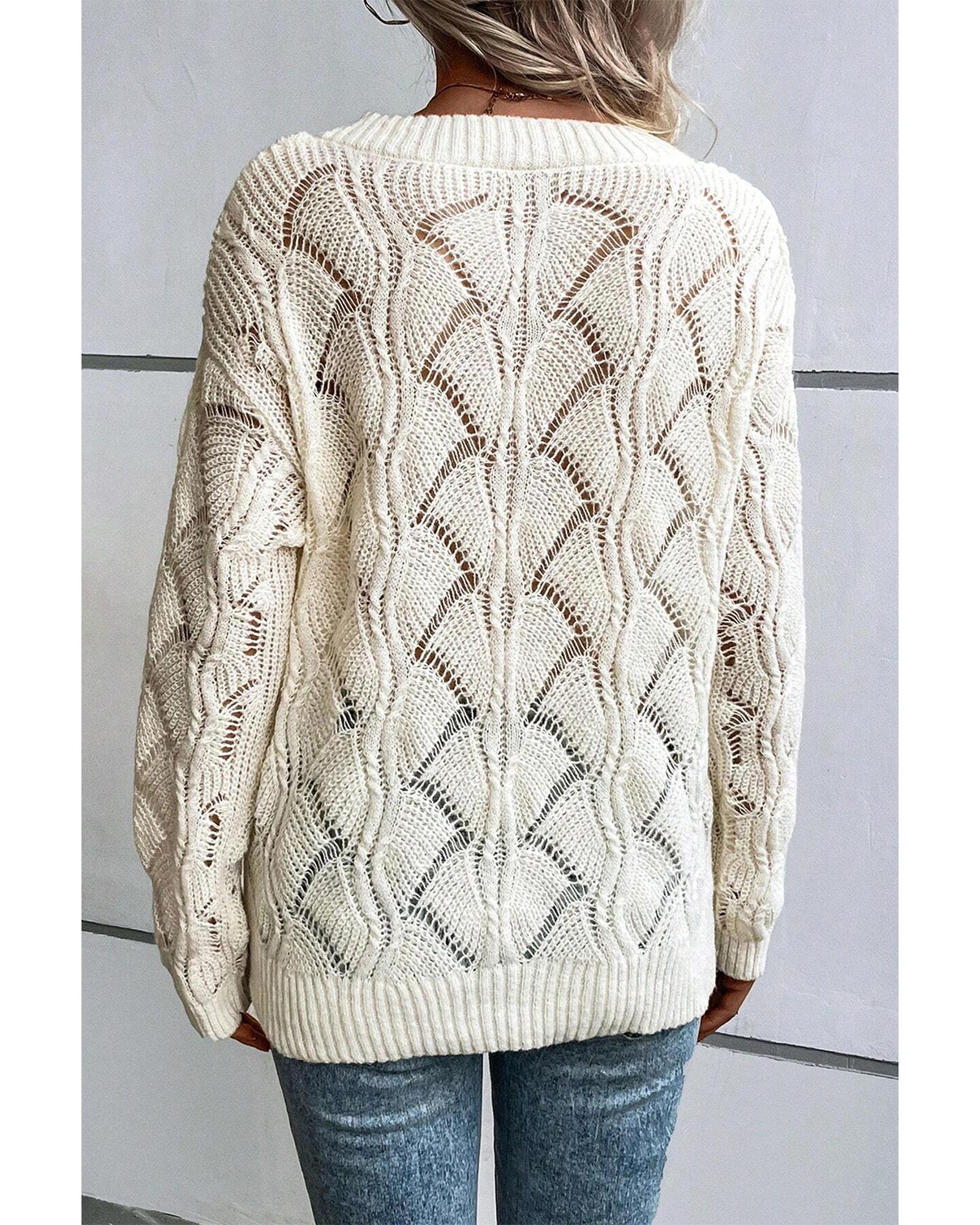 V539-AZEXDC2725100-P15-M-202508291900-00 Beige Hollow Out Knit V Neck Drop Shoulder Sweater - M - Image 1
