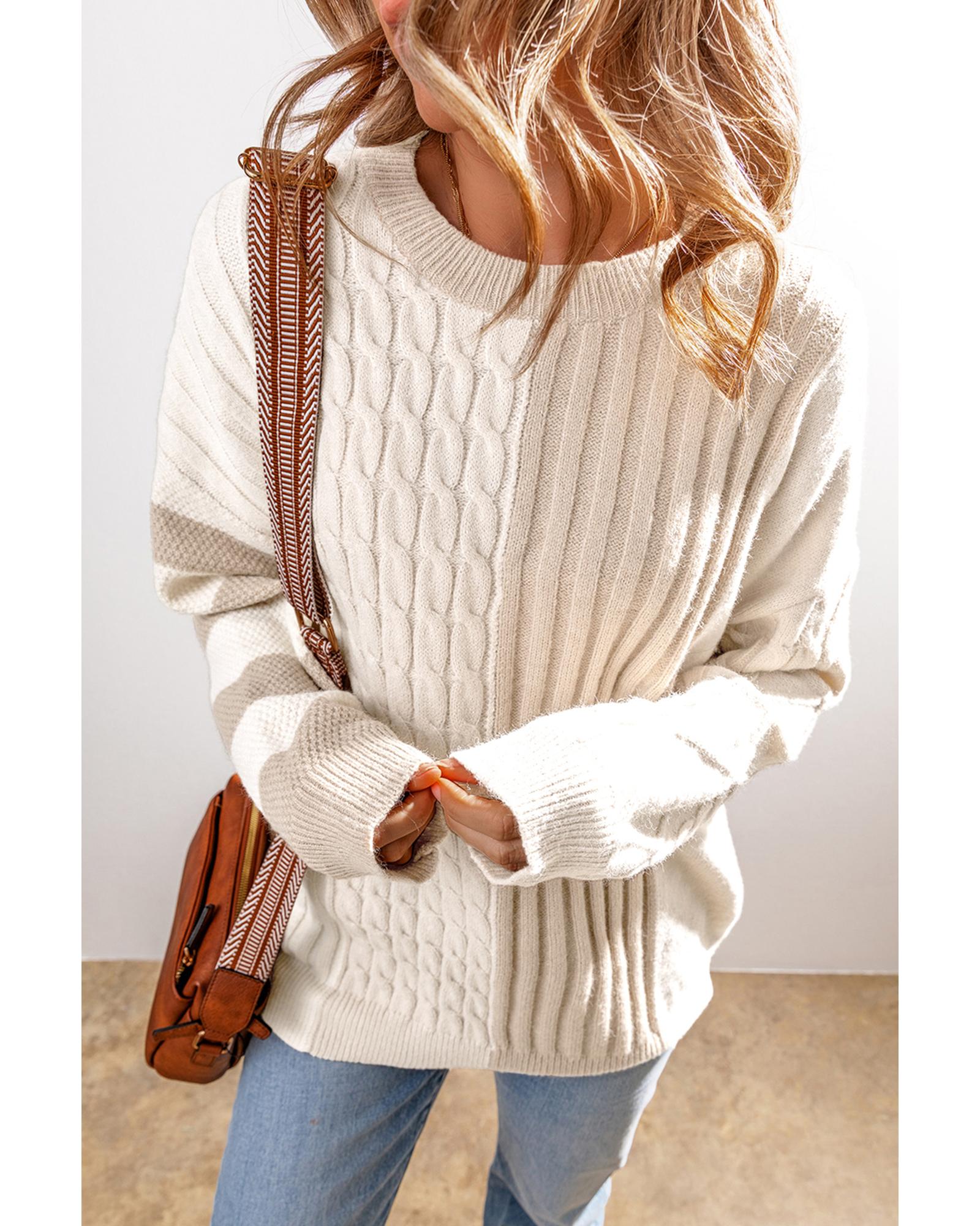 V539-AZEXDC2725142-P1622-L-202508281705-00 Khaki Cable Knit Colorblock Crew Neck Drop Shoulder Sweater - L - Image 1