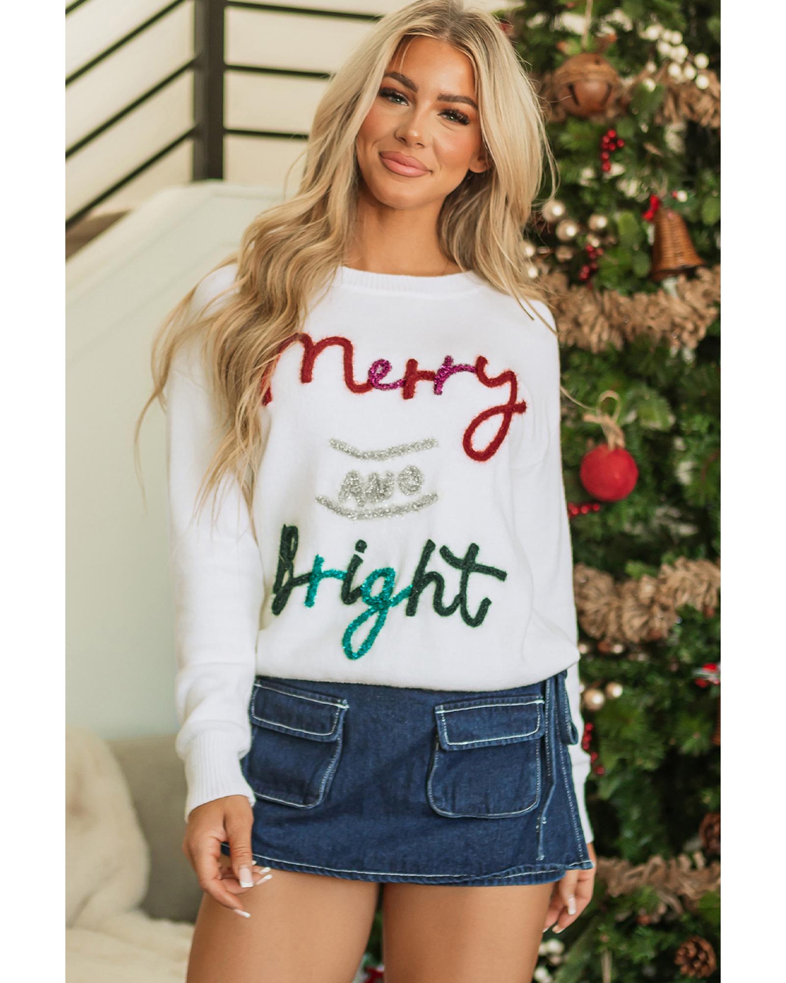 V539-AZEXDC2725249-P1-S-202506140135-00 White Tinsel Merry and Bright Graphic Christmas Sweater - S - Image 1