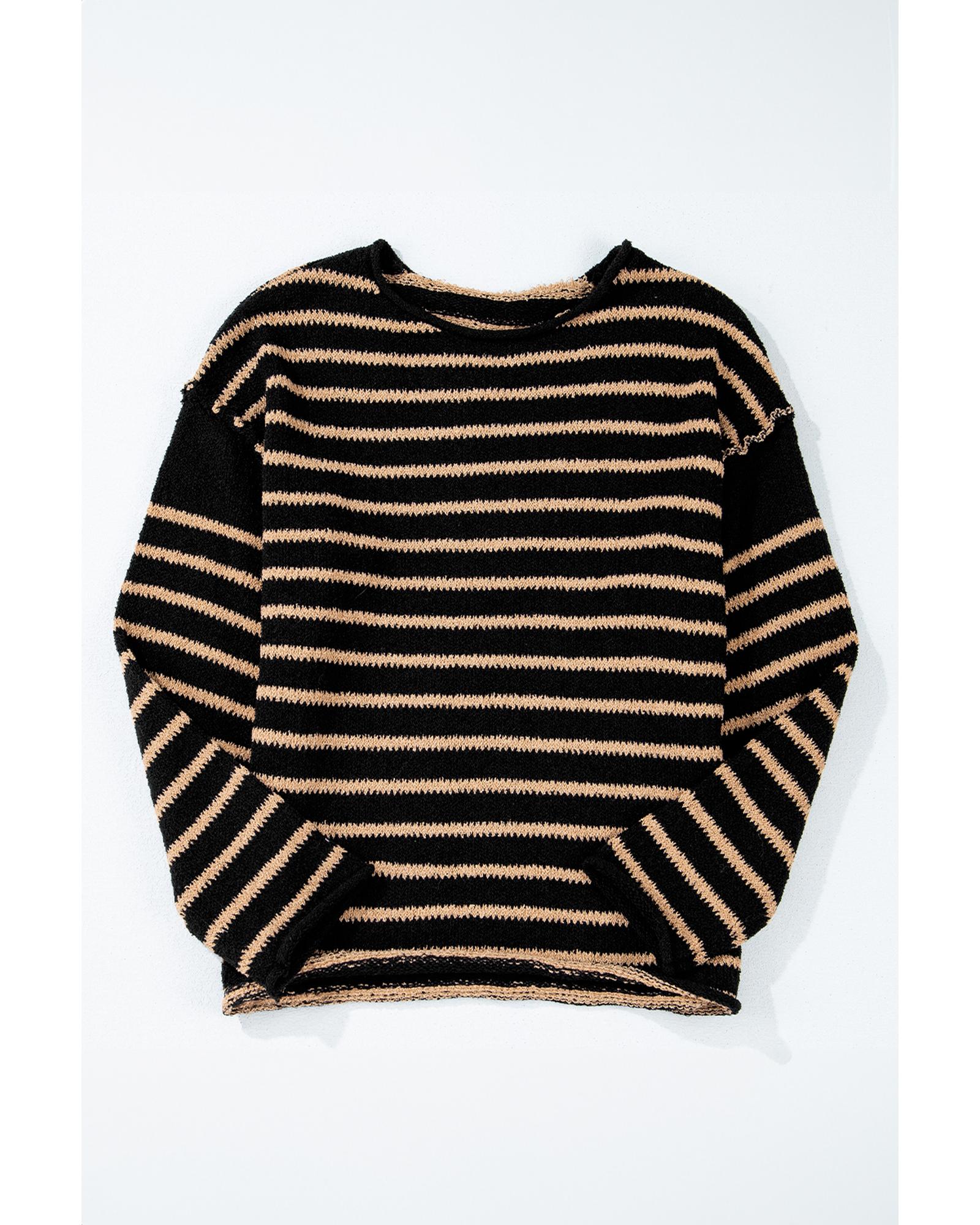 V539-AZEXDC2725461-P219-S-202506132241-00 Black Stripe Drop Shoulder Round Neck Loose Sweater - S - Image 1