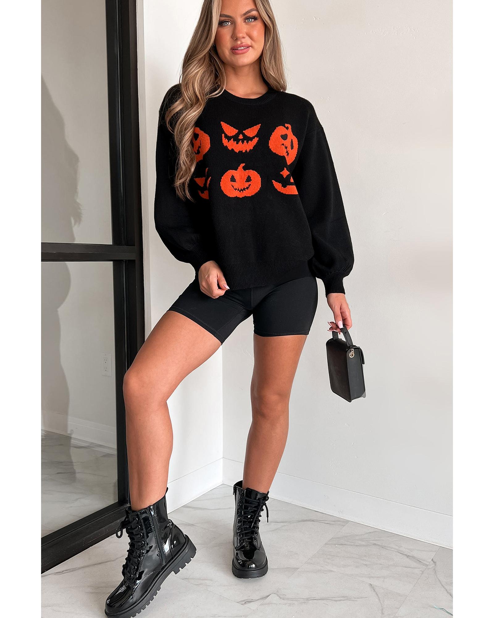 V539-AZEXDC2725572-P2-XL-202508281825-00 Black Halloween Pumpkin Face Pattern Drop Shoulder Sweater - XL - Image 1
