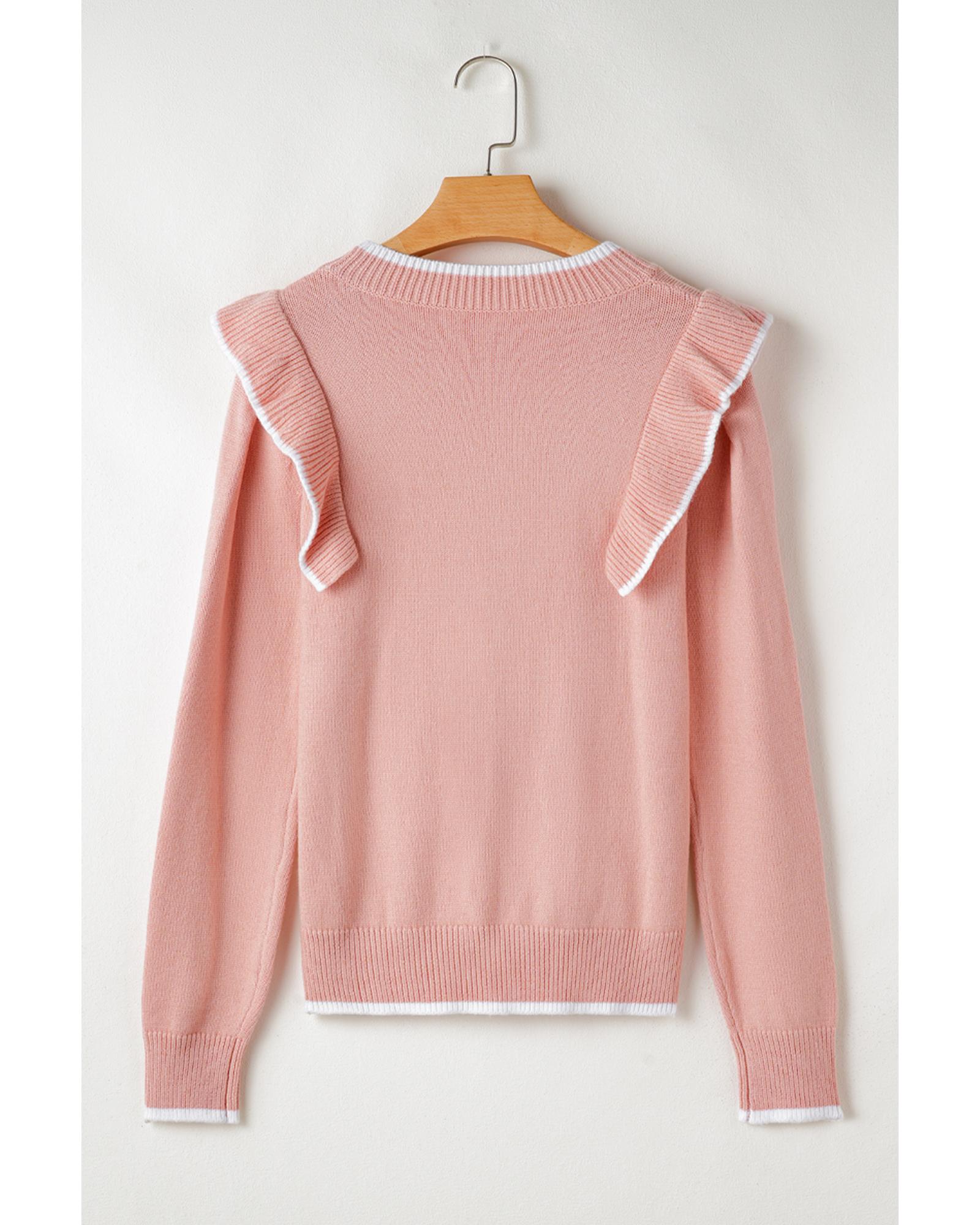 V539-AZEXDC2725639-P1010-M-202508291640-00 Light Pink Ruffled Bowknot Ribbed Trim Long Sleeve Sweater - M - Image 1