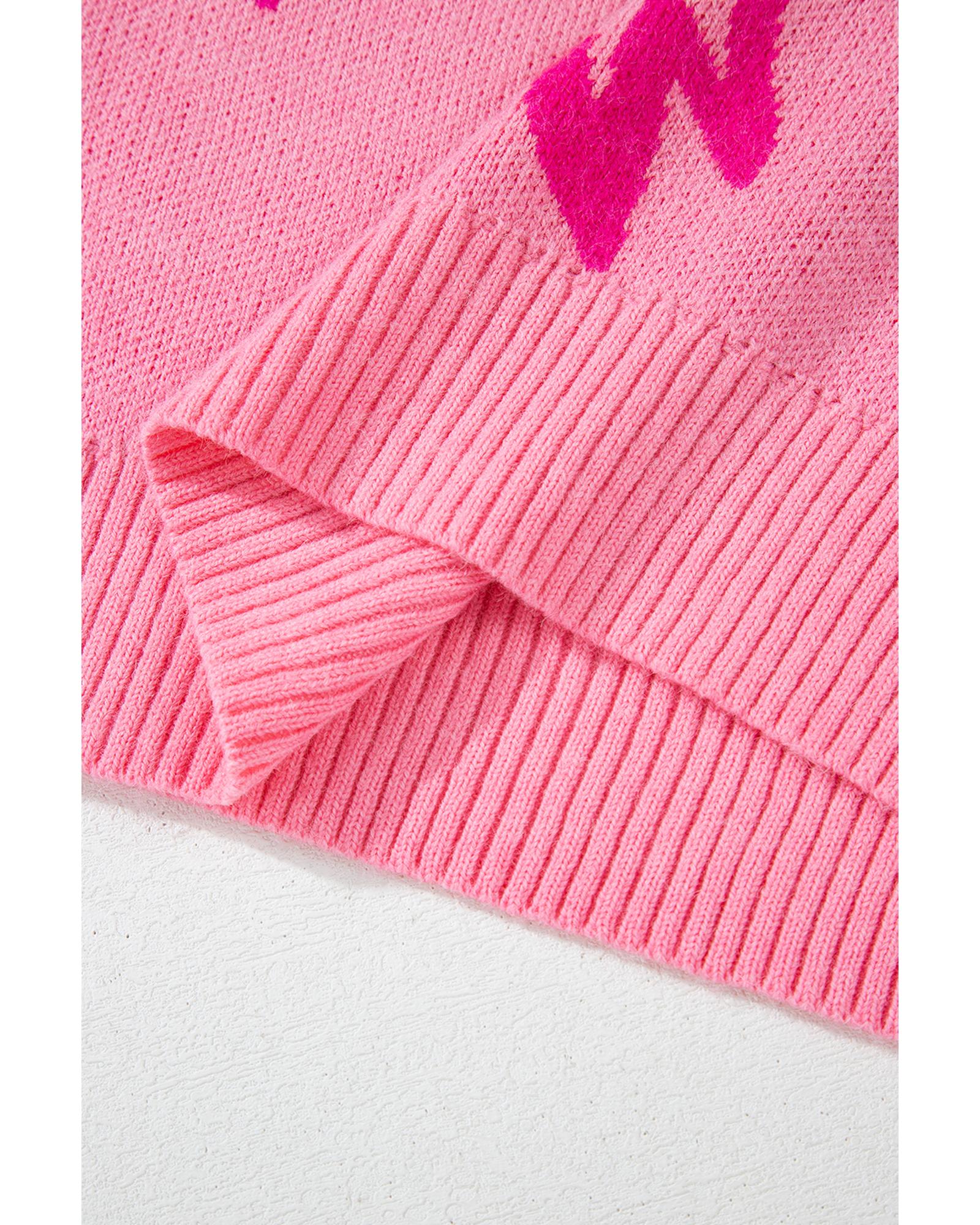 V539-AZEXDC2725970-P10-M-202508292210-00 Pink Bow Pattern Drop Shoulder Loose Sweater - M - Image 1