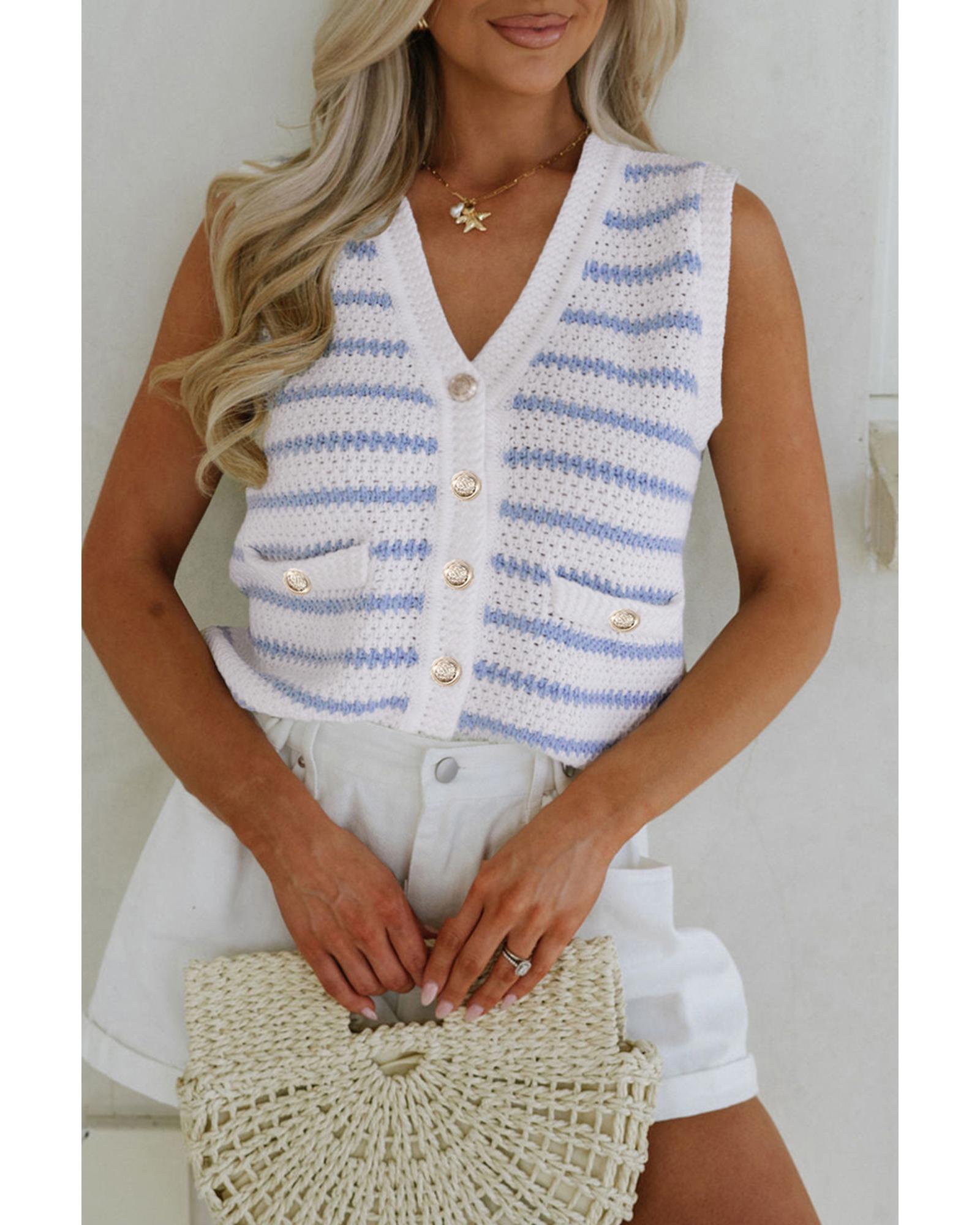 V539-AZEXDC274127-P419-S-202508280435-00 Sky Blue Stripe V Neck Gold Buttons Elegant Sweater Vest - S - Image 1