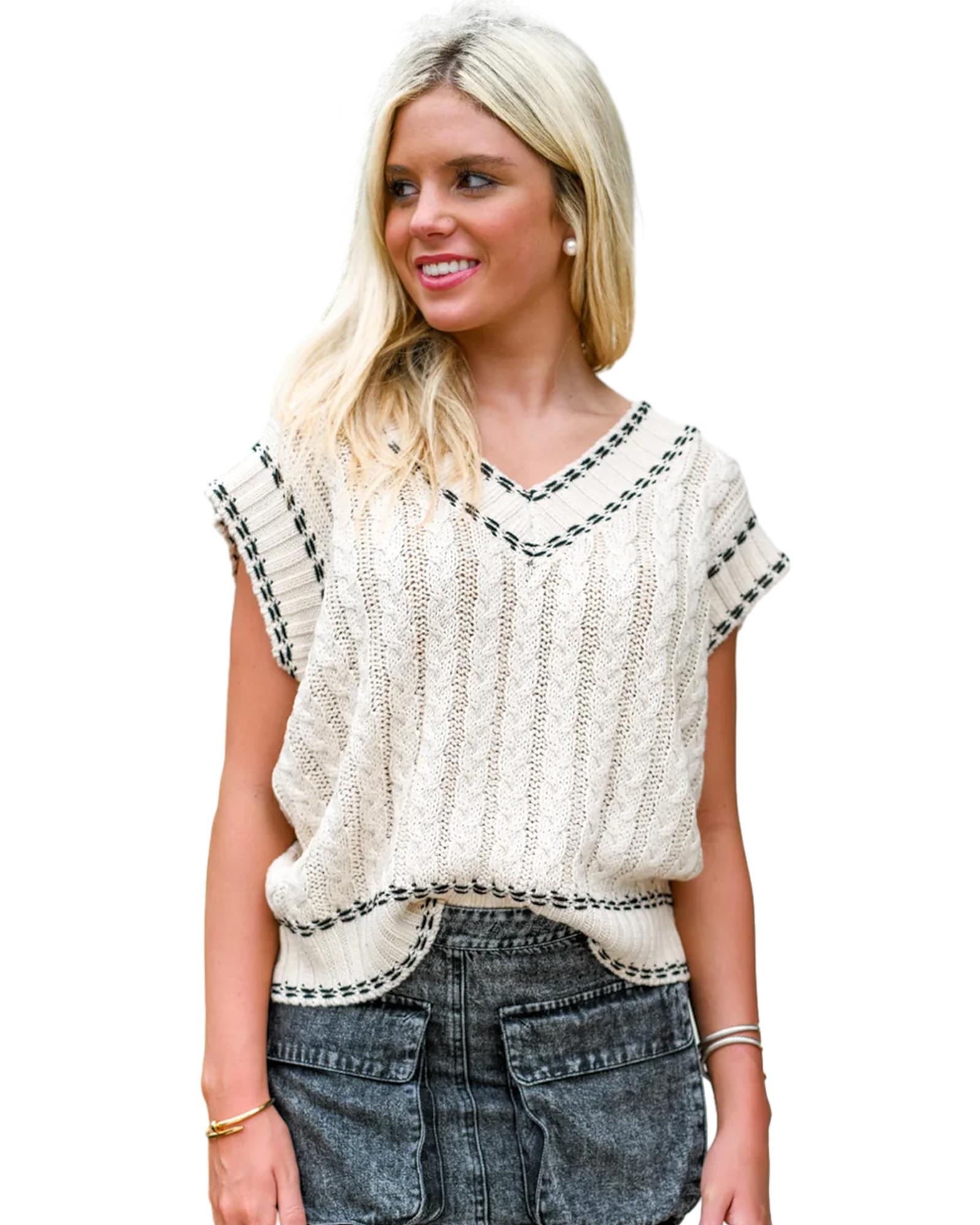V539-AZEXDC276236-P1-L-202508281140-00 White Contrast Trim V Neck Cable Knit Sweater Vest - L - Image 1